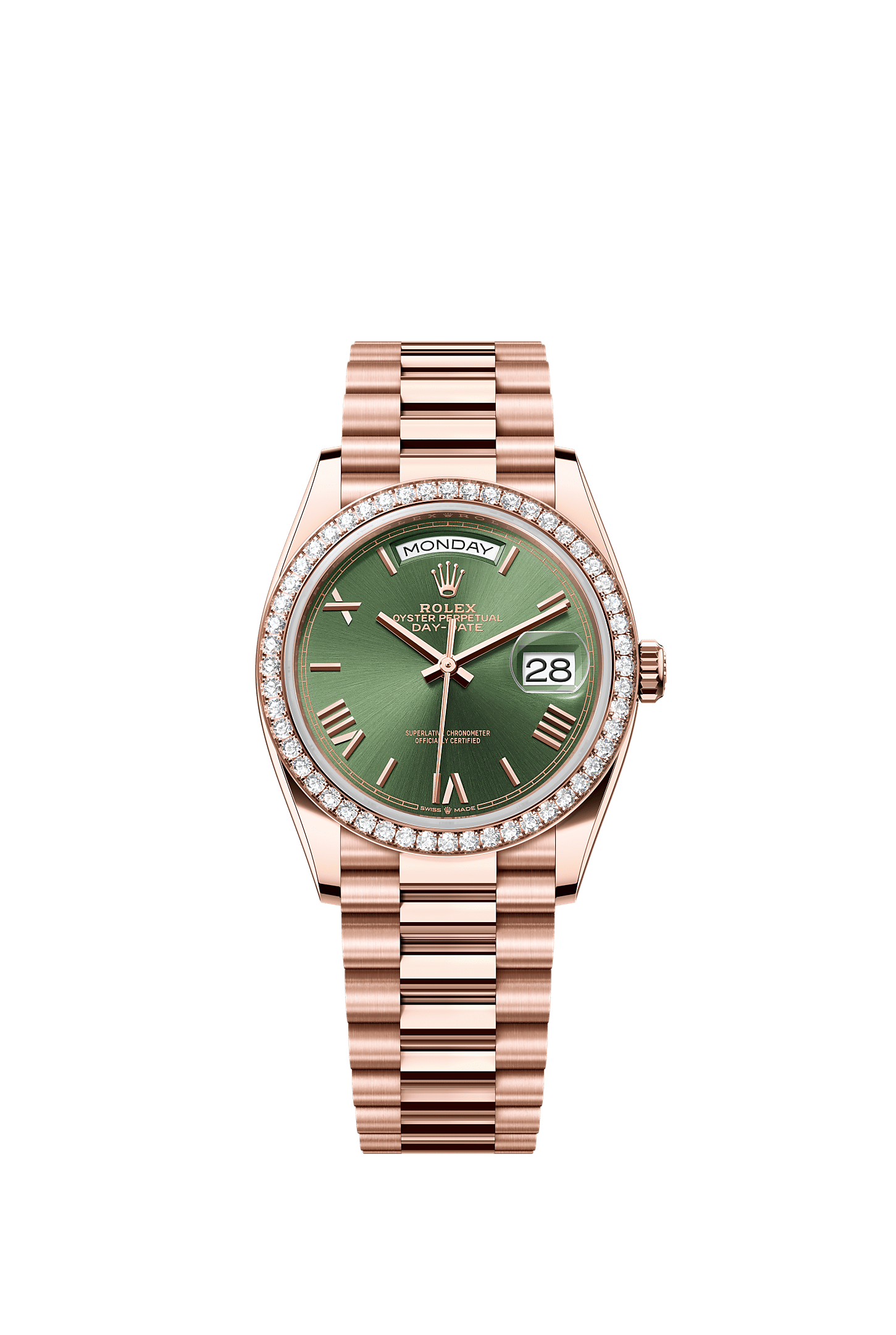 星期日历型 36, 蚝式，36毫米，钻石及永恒玫瑰金, 表盘 : 橄榄绿色, Rolex