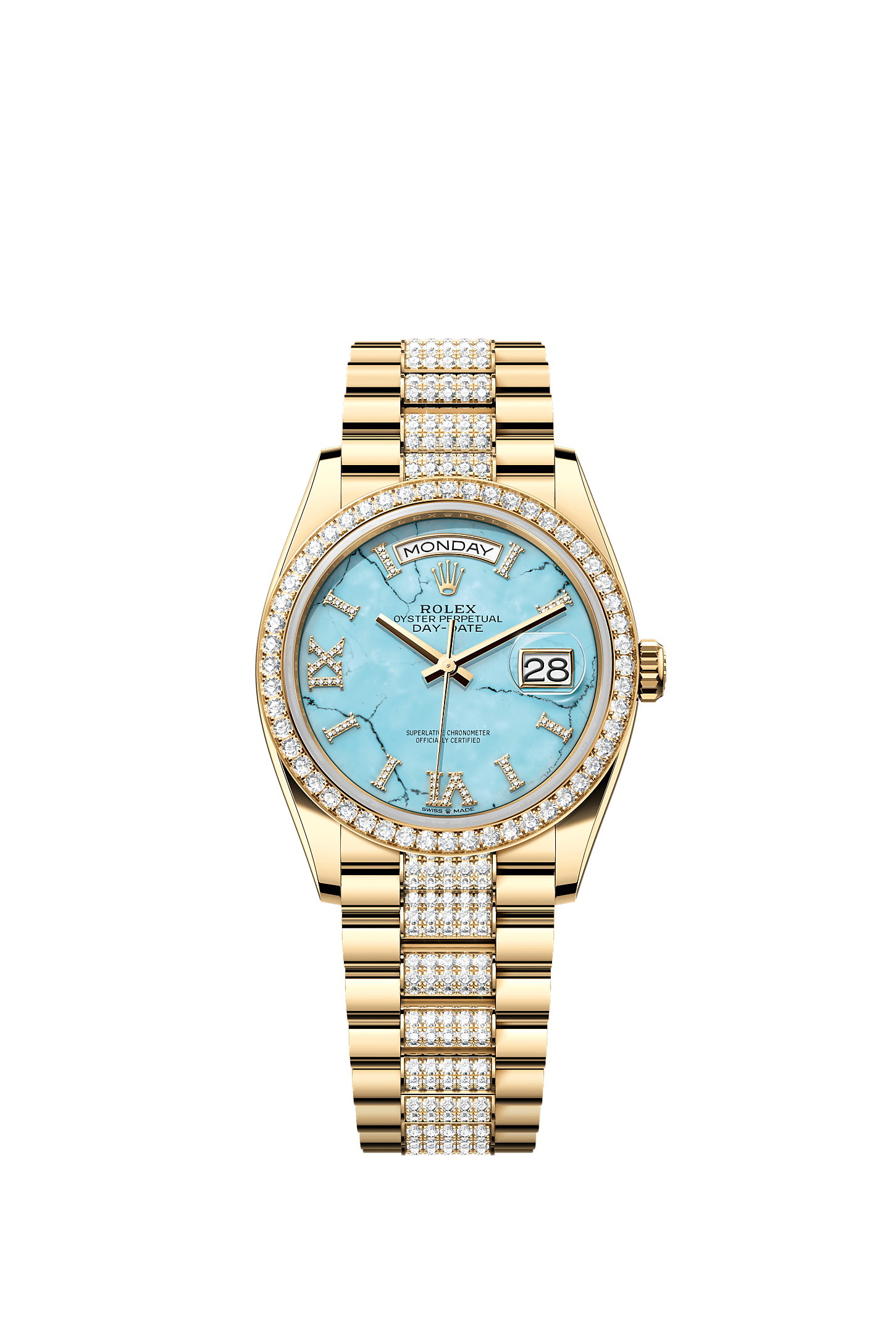 Day-Date 36, Oyster, 36 mm, yellow gold and diamonds, Dial : Turquoise set with diamonds, Rolex