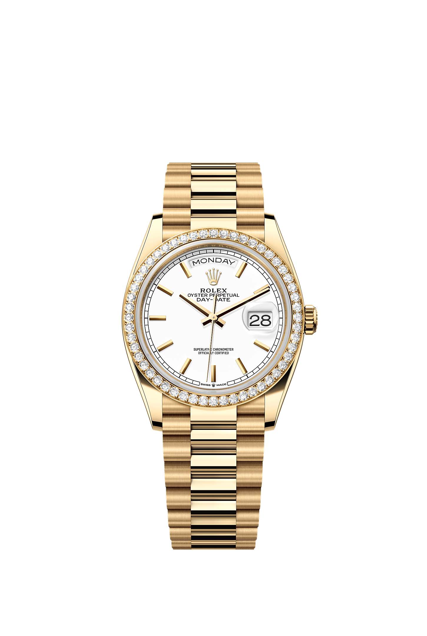 星期日历型 36, 蚝式，36毫米，钻石及黄金, 表盘 : 白色, Rolex