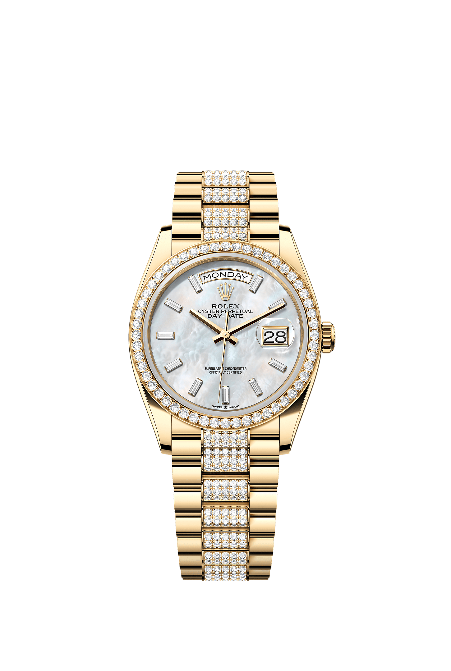 Day-Date 36, Oyster, 36 mm, yellow gold and diamonds, Dial : White mother-of-pearl set with diamonds, Rolex