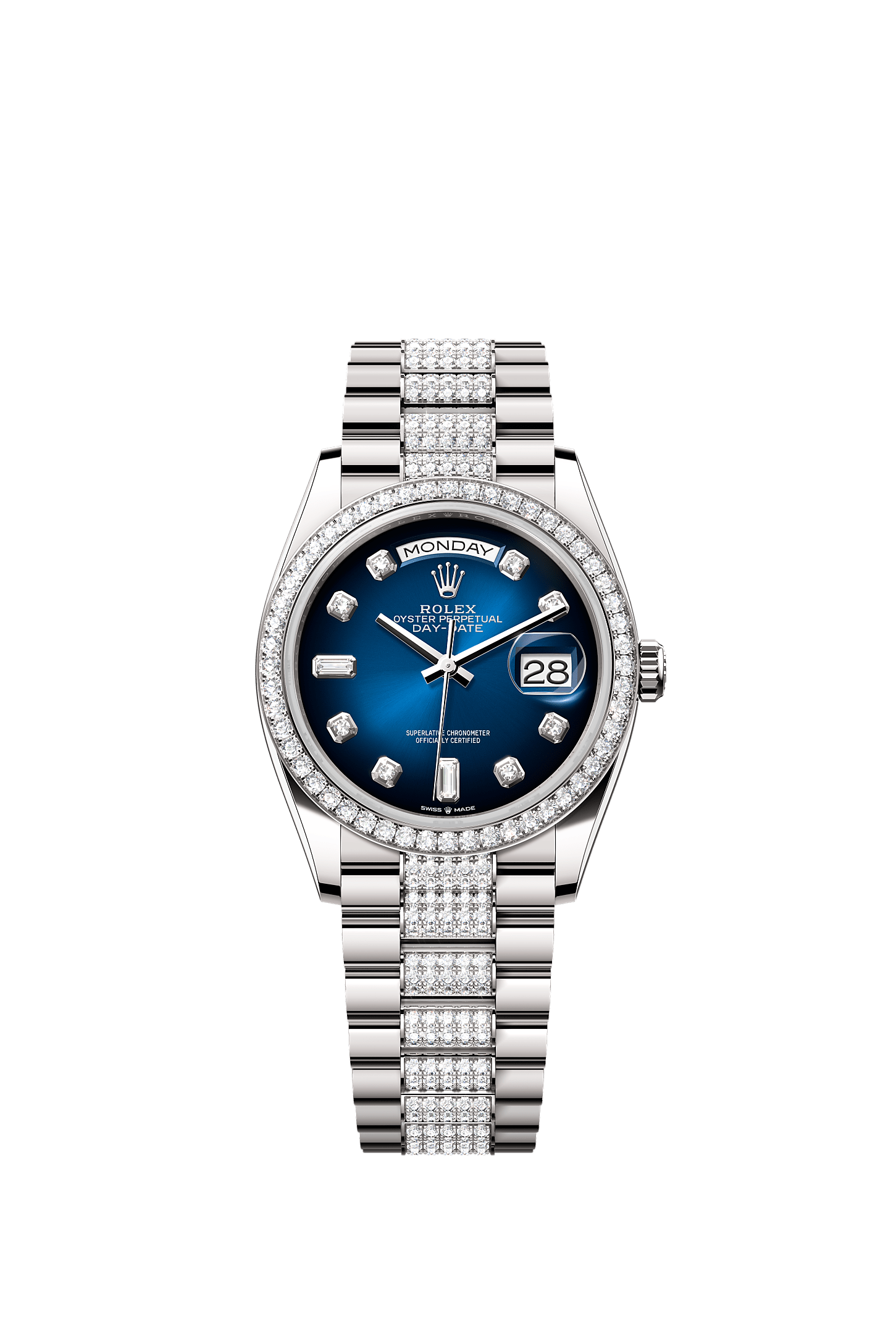 Day-Date 36, Oyster, 36 mm, white gold and diamonds, Dial : Blue ombré set with diamonds, Rolex