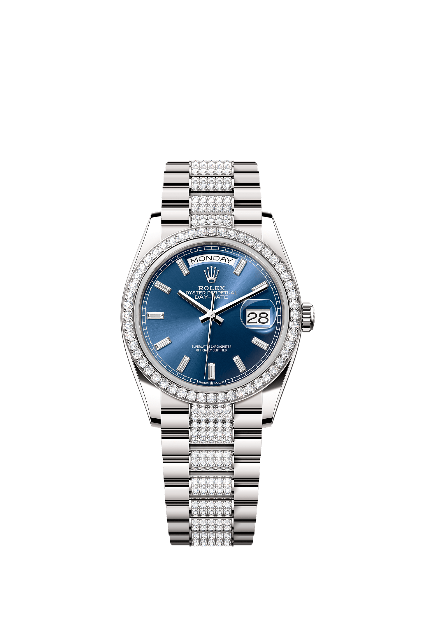 Day-Date 36, Oyster, 36 mm, white gold and diamonds, Dial : Bright blue set with diamonds, Rolex