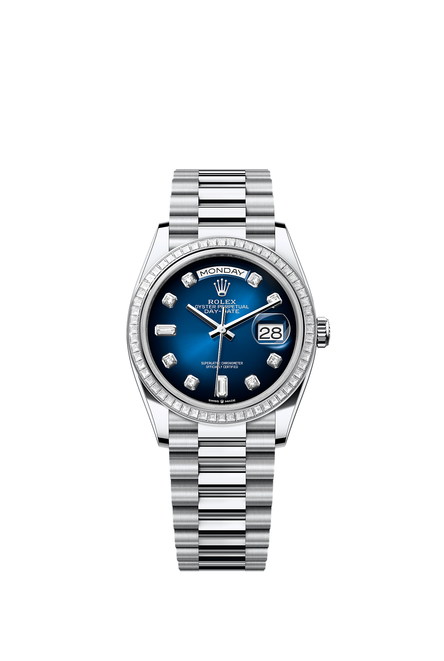 Day-Date 36, Oyster, 36 mm, platinum and diamonds, Dial : Blue ombré set with diamonds, Rolex
