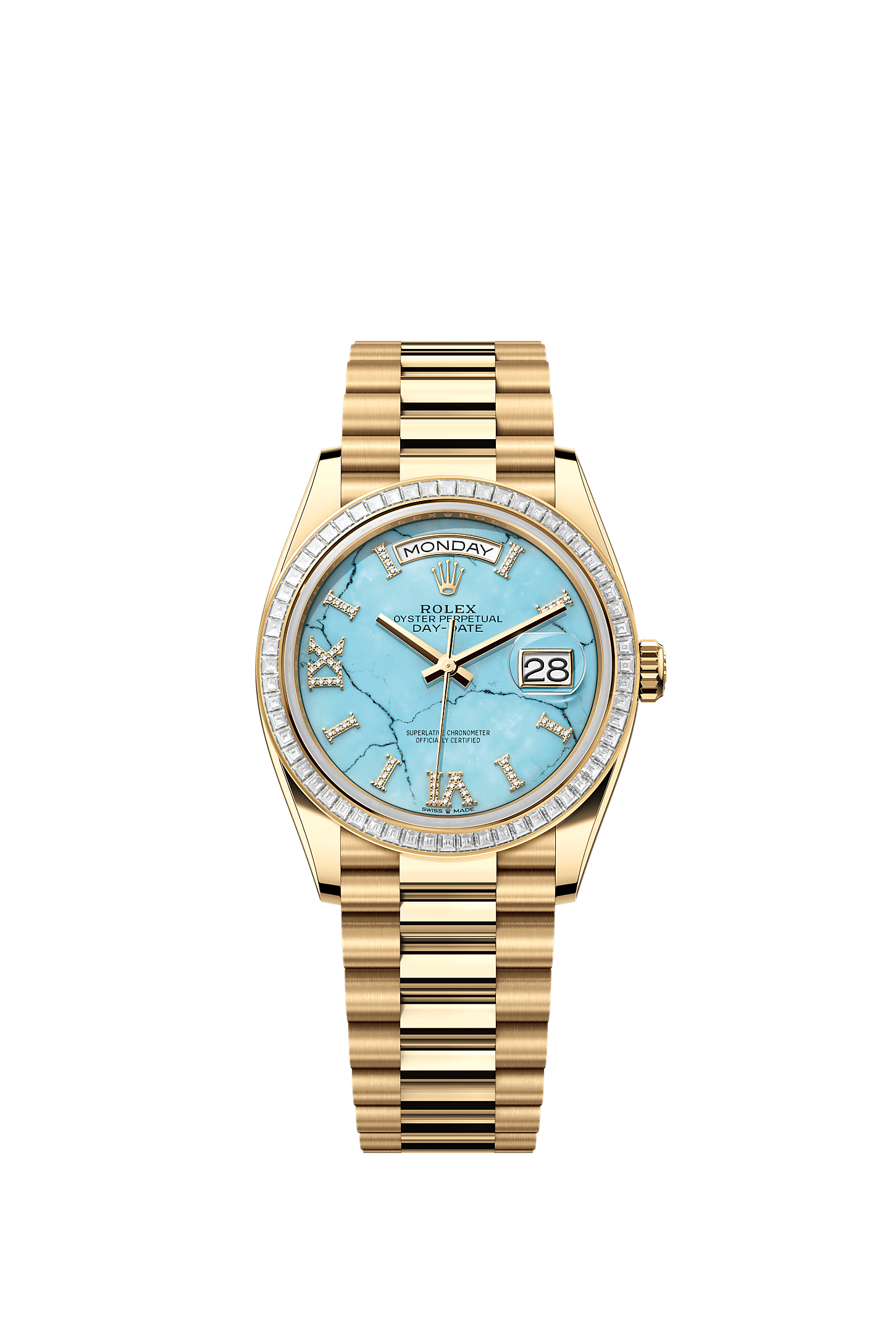 Day-Date 36, Oyster, 36 mm, yellow gold and diamonds, Dial : Turquoise set with diamonds, Rolex
