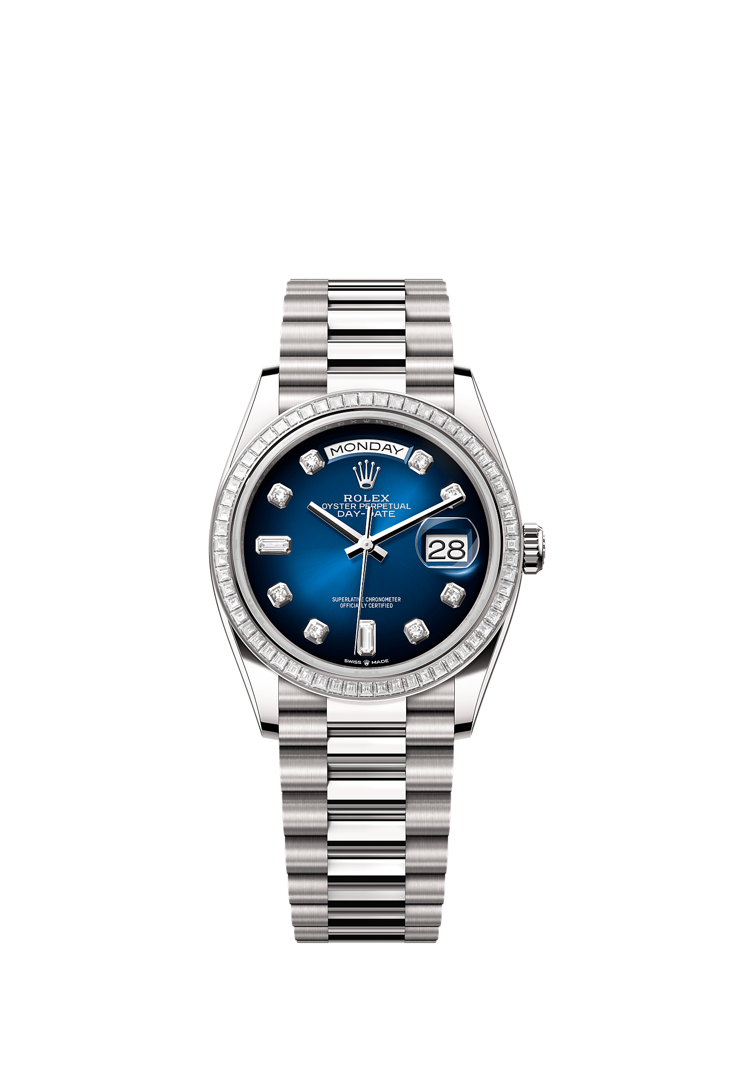 Day-Date 36, Oyster, 36 mm, white gold and diamonds, Dial : Blue ombré set with diamonds, Rolex