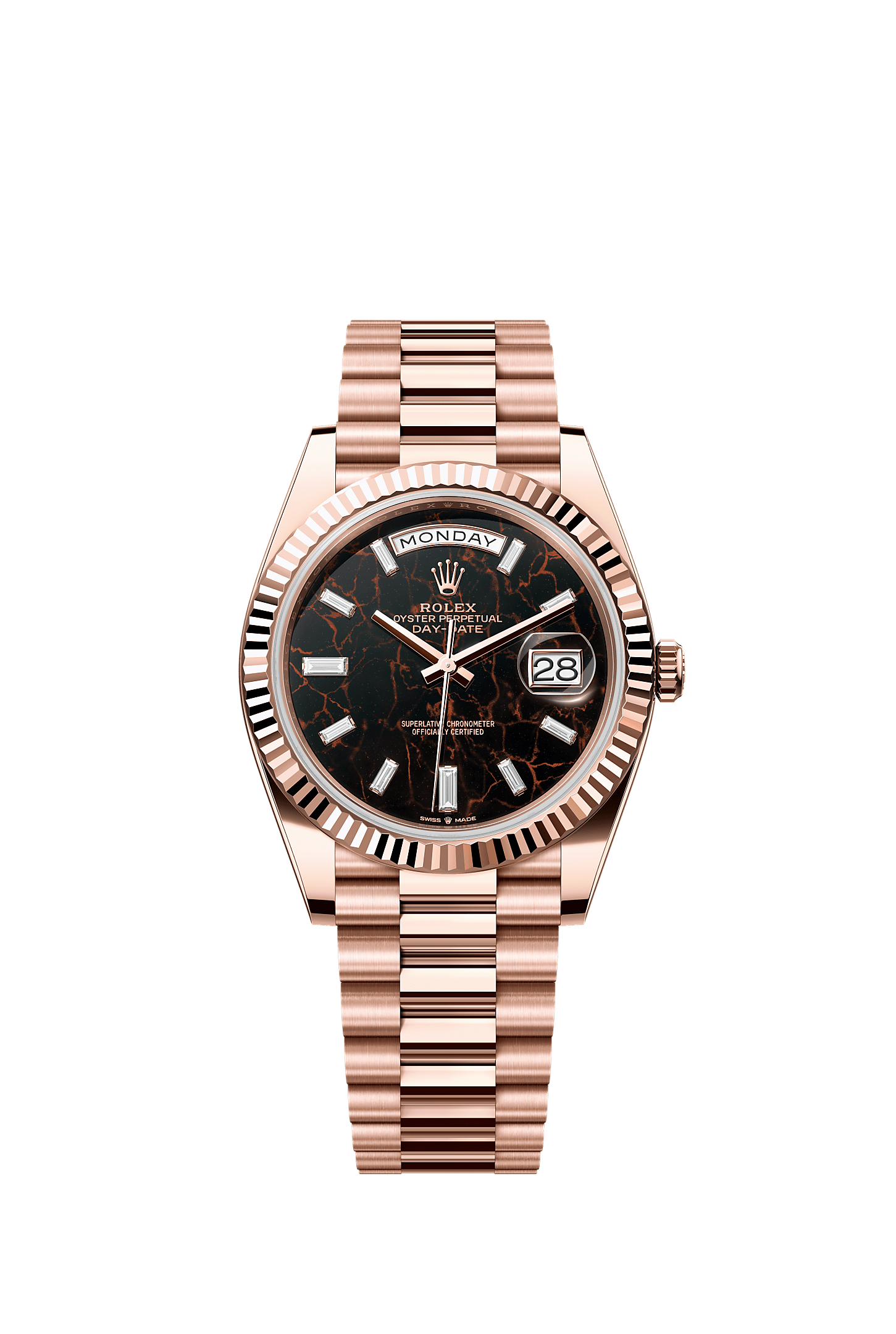 Day-Date 40, Oyster, 40 mm, Everose gold, Dial : Eisenkiesel set with diamonds, Rolex