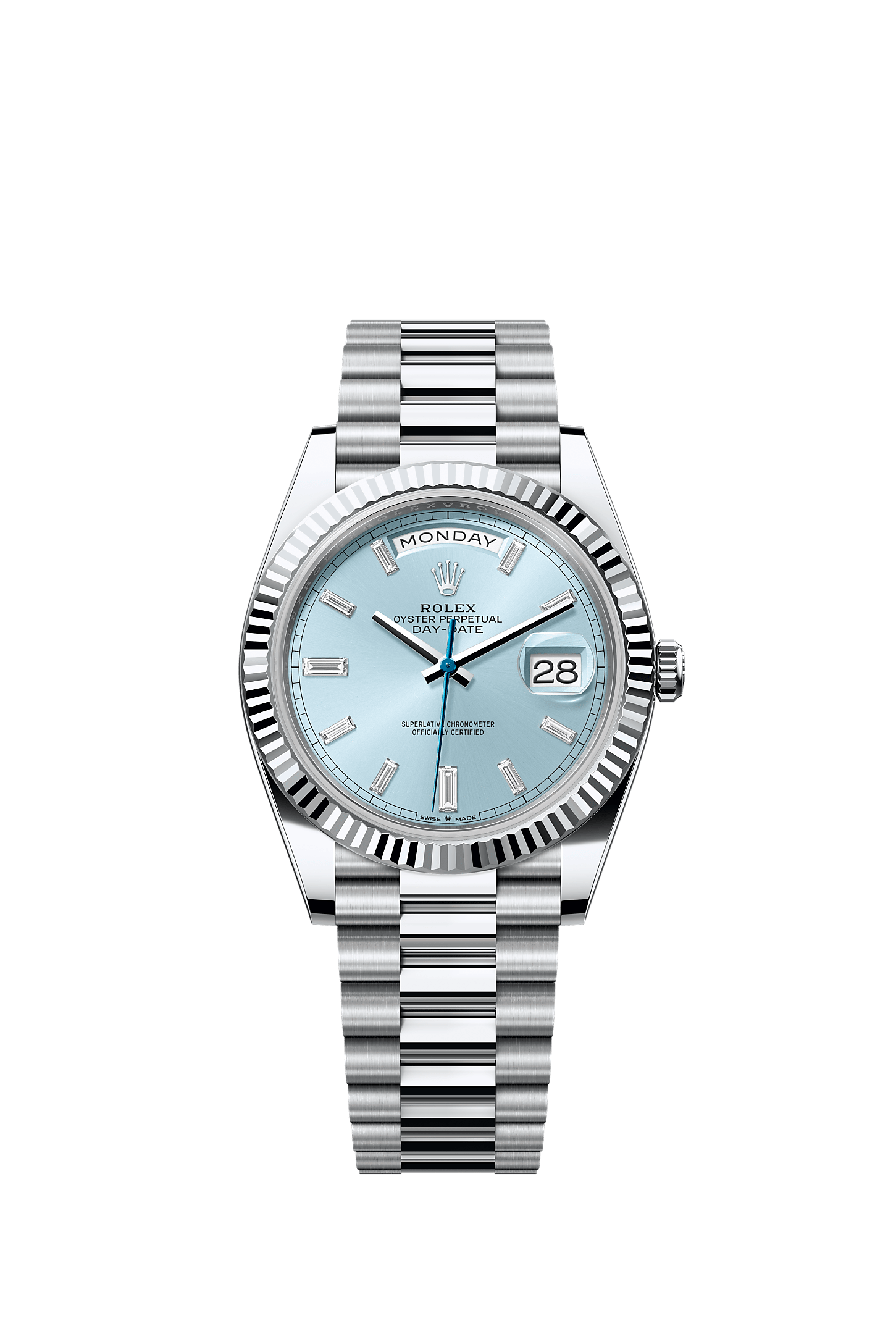 Day-Date 40, Oyster, 40 mm, platinum, Dial : Ice blue set with diamonds, Rolex