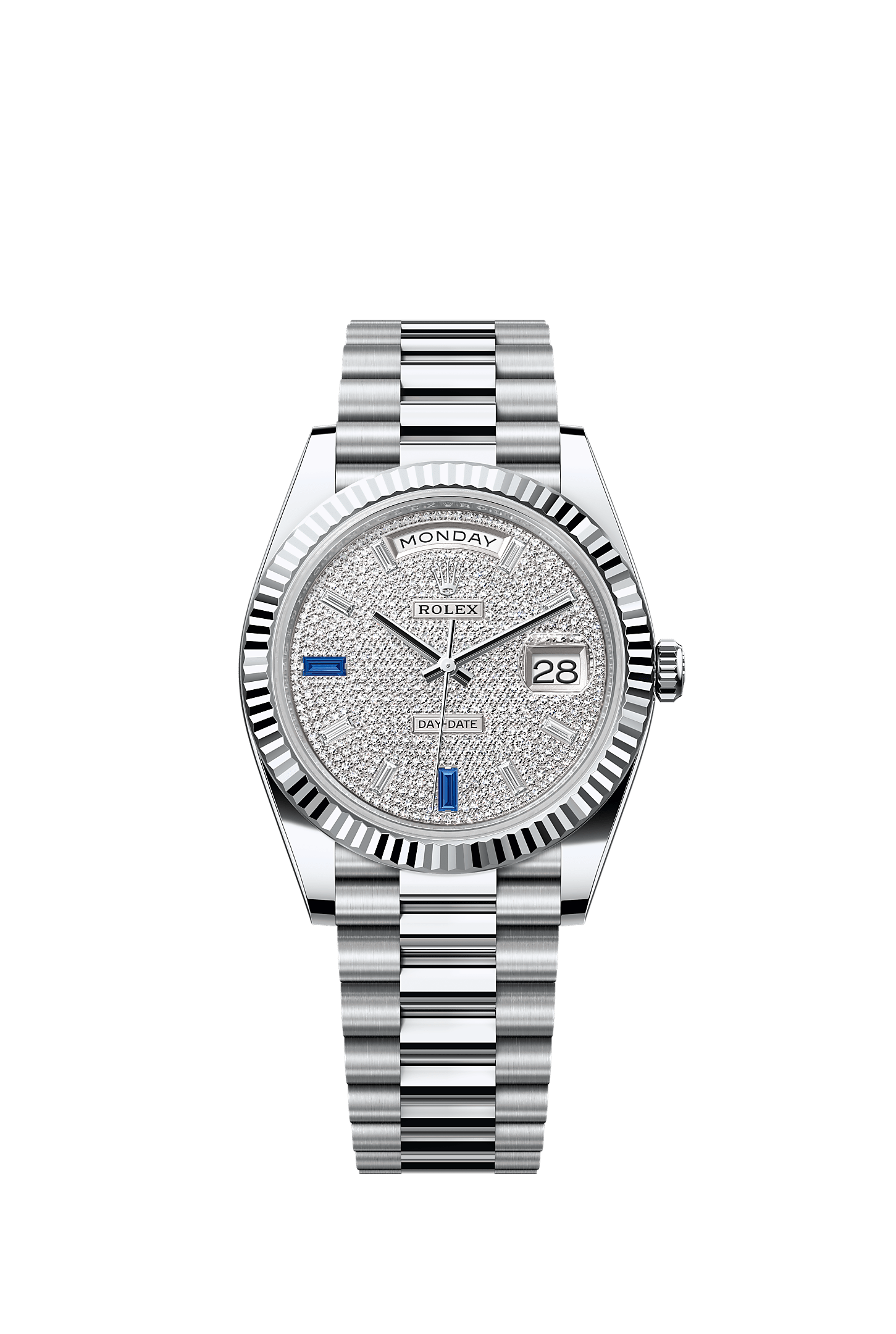 Day-Date 40, Oyster, 40 mm, platinum, Dial : Paved with diamonds and sapphires, Rolex