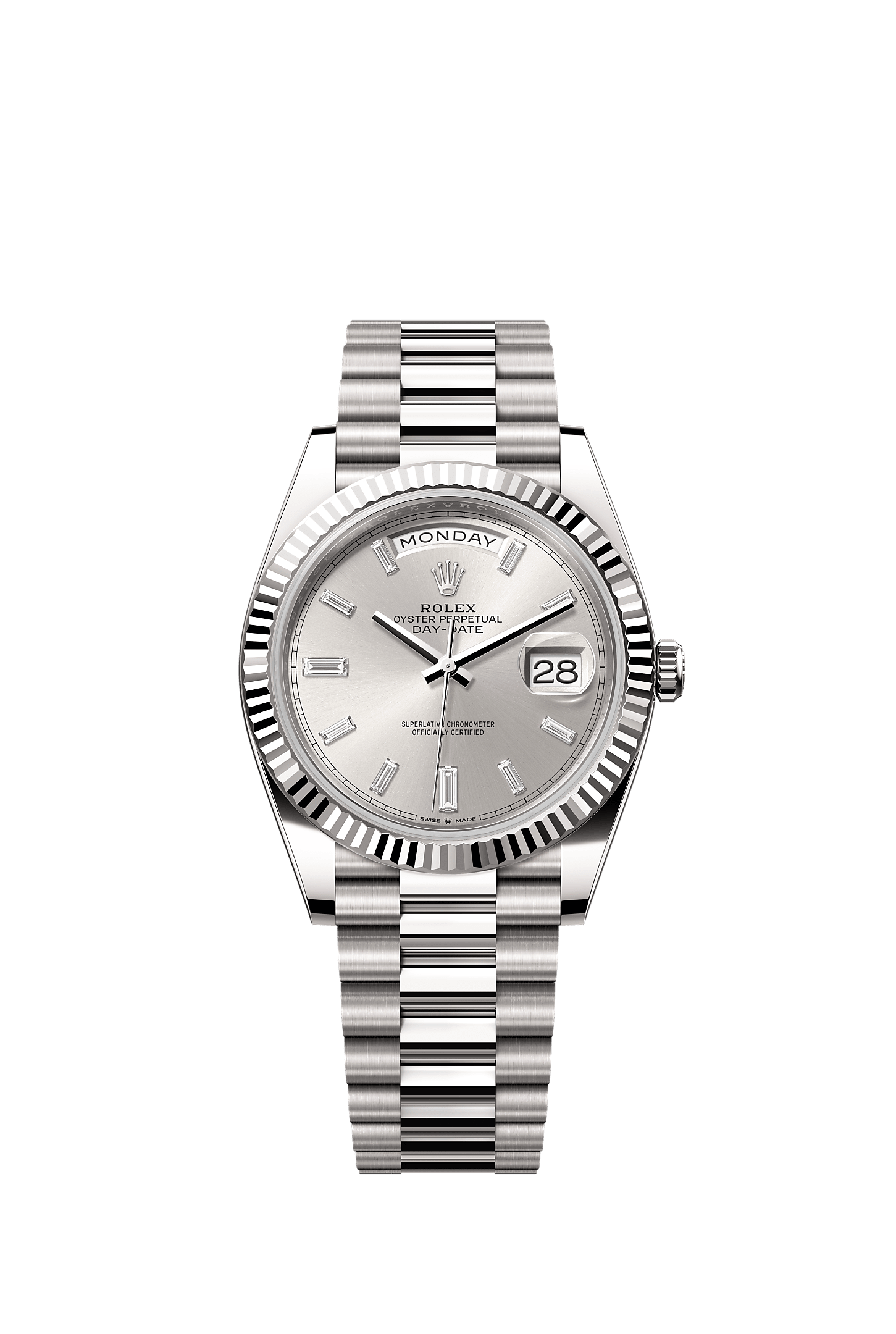 Day-Date 40, Oyster, 40 mm, white gold, Dial : Silver set with diamonds, Rolex