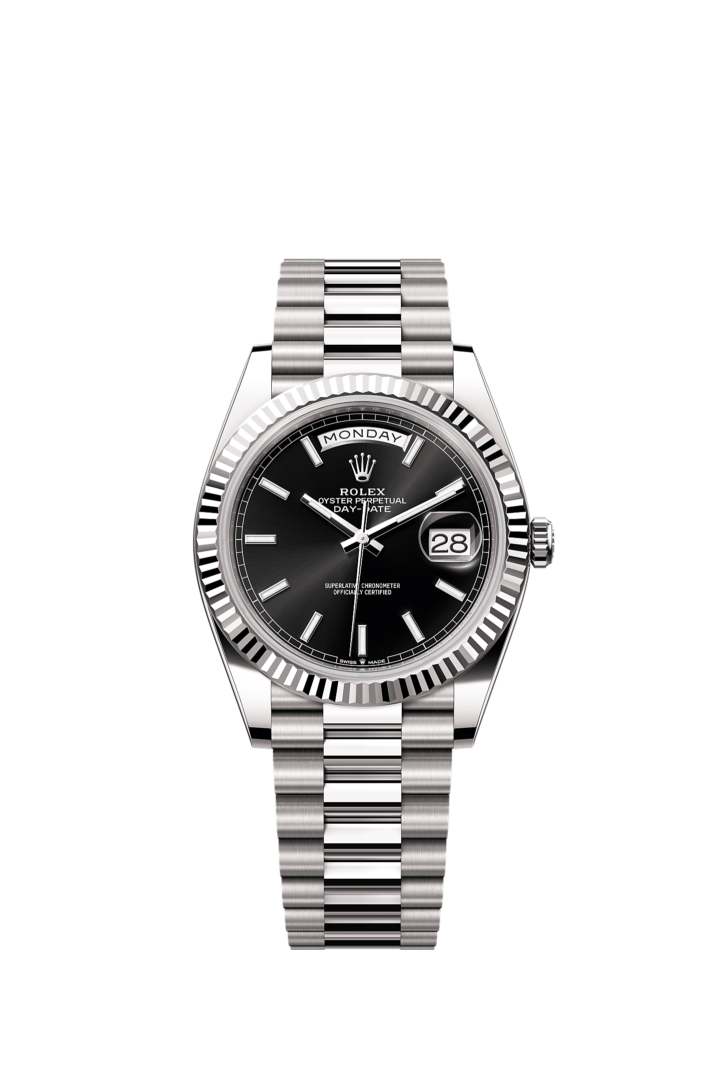 Day-Date 40, Oyster, 40 mm, white gold, Dial : Bright black, Rolex