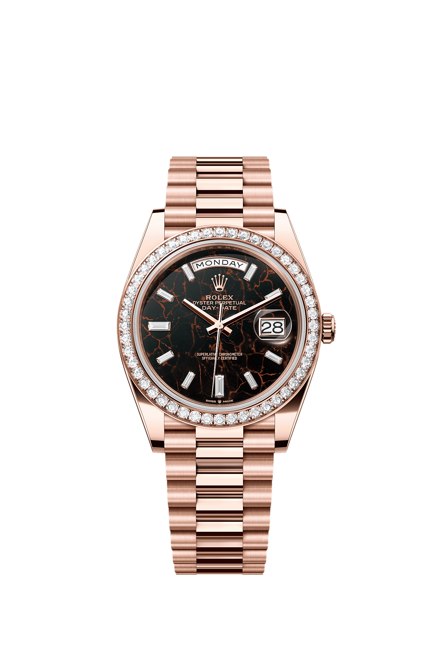 Day-Date 40, Oyster, 40 mm, Everose gold and diamonds, Dial : Eisenkiesel set with diamonds, Rolex