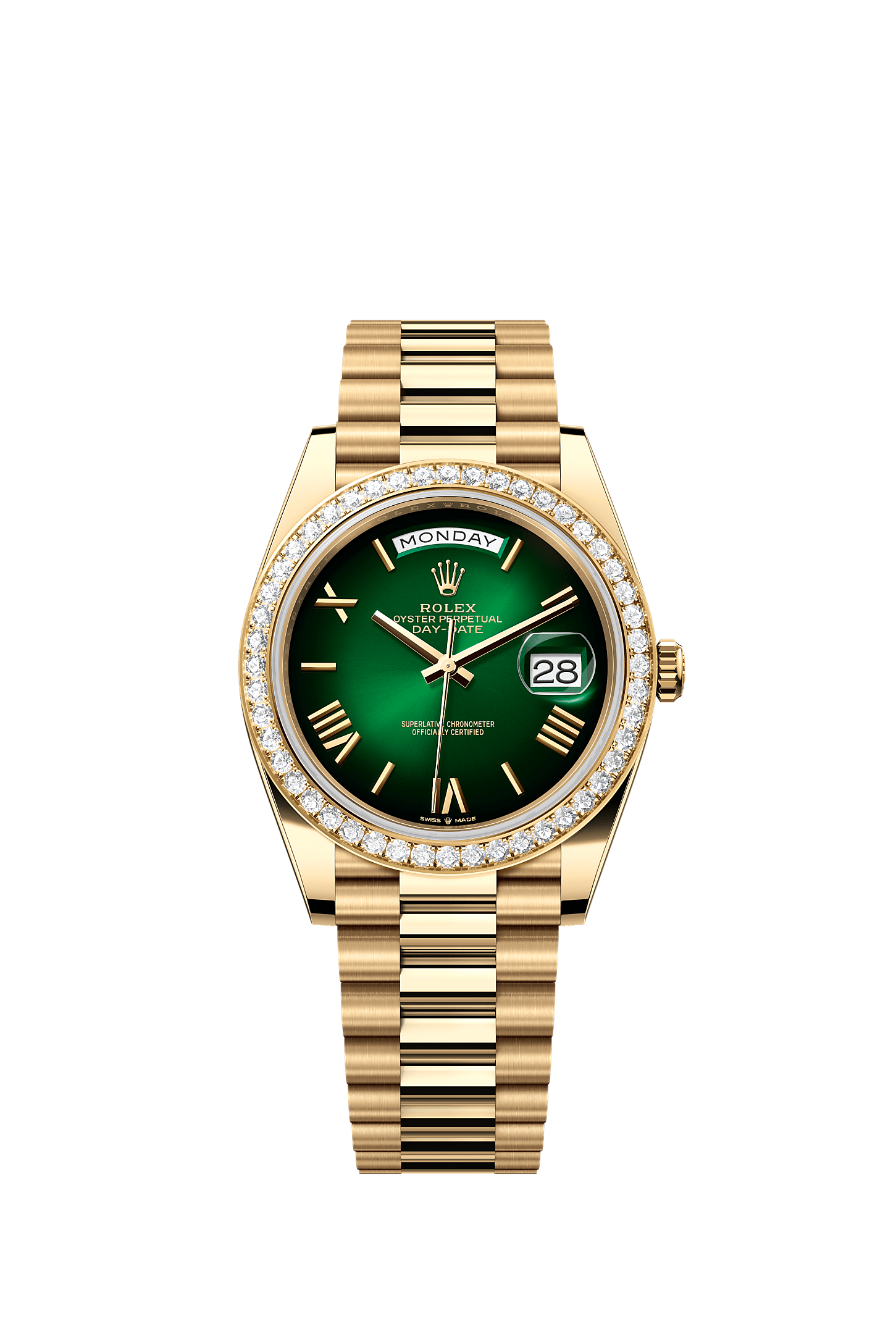 Day-Date 40, Oyster, 40 mm, yellow gold and diamonds, Dial : Green ombré, Rolex