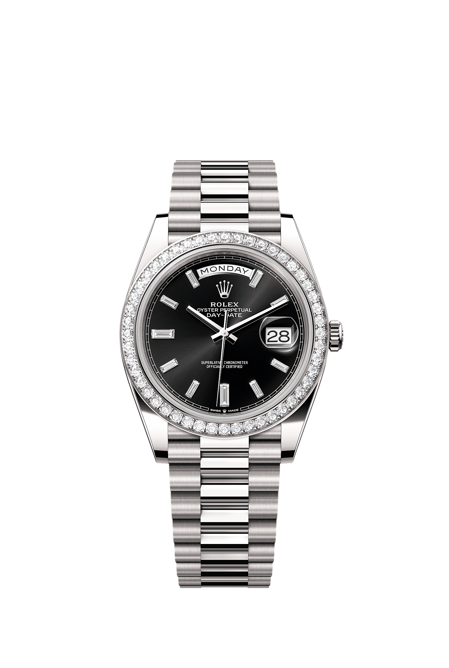 Day-Date 40, Oyster, 40 mm, white gold and diamonds, Dial : Bright black set with diamonds, Rolex