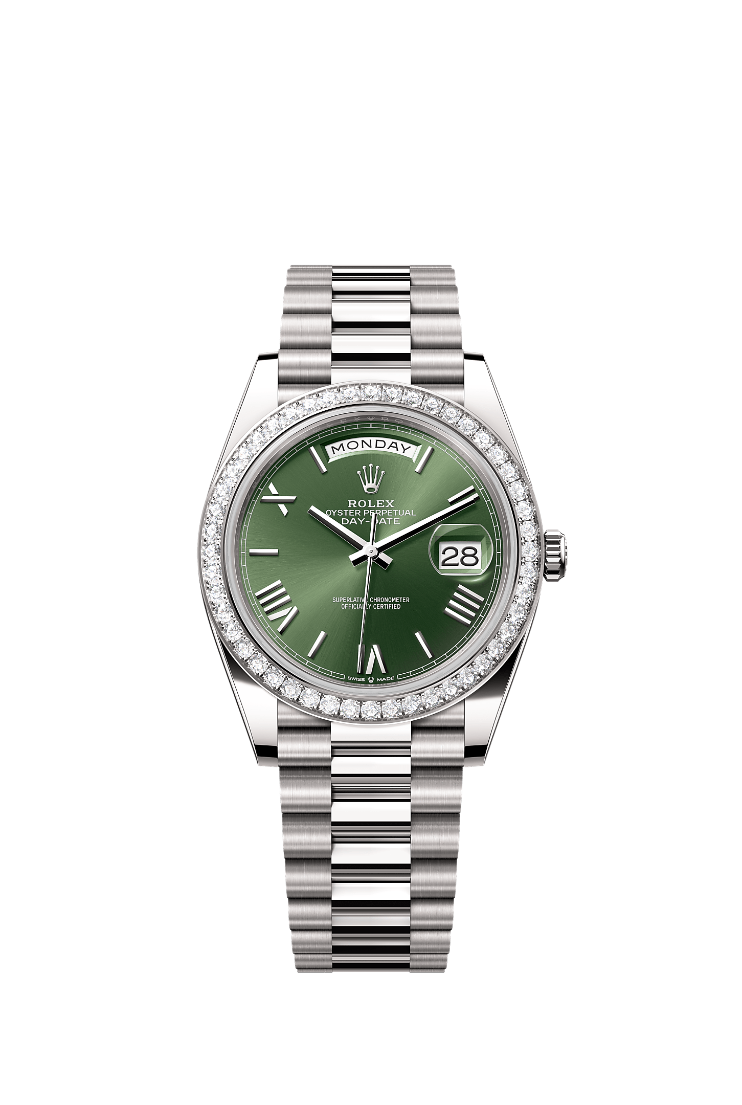 Day-Date 40, Oyster, 40 mm, white gold and diamonds, Dial : Olive green, Rolex