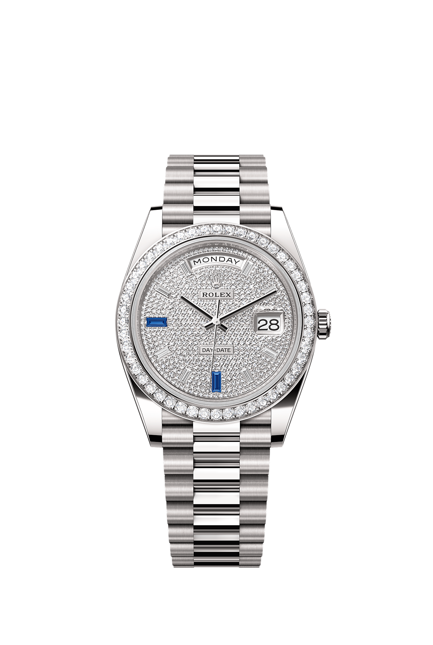 Day-Date 40, Oyster, 40 mm, white gold and diamonds, Dial : Paved with diamonds and sapphires, Rolex