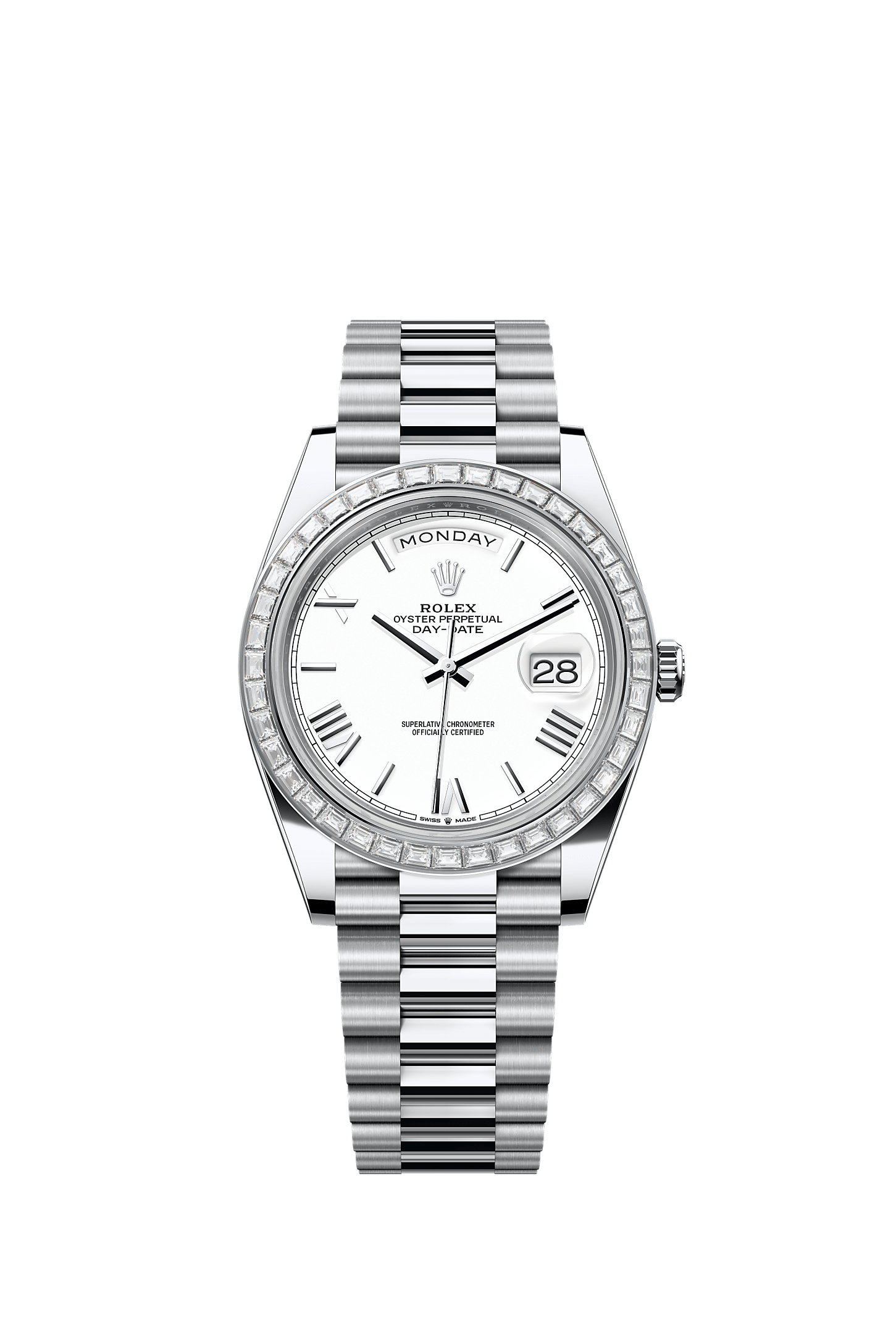 星期日历型 40, 蚝式，40毫米，钻石及铂金, 表盘 : 白色, Rolex