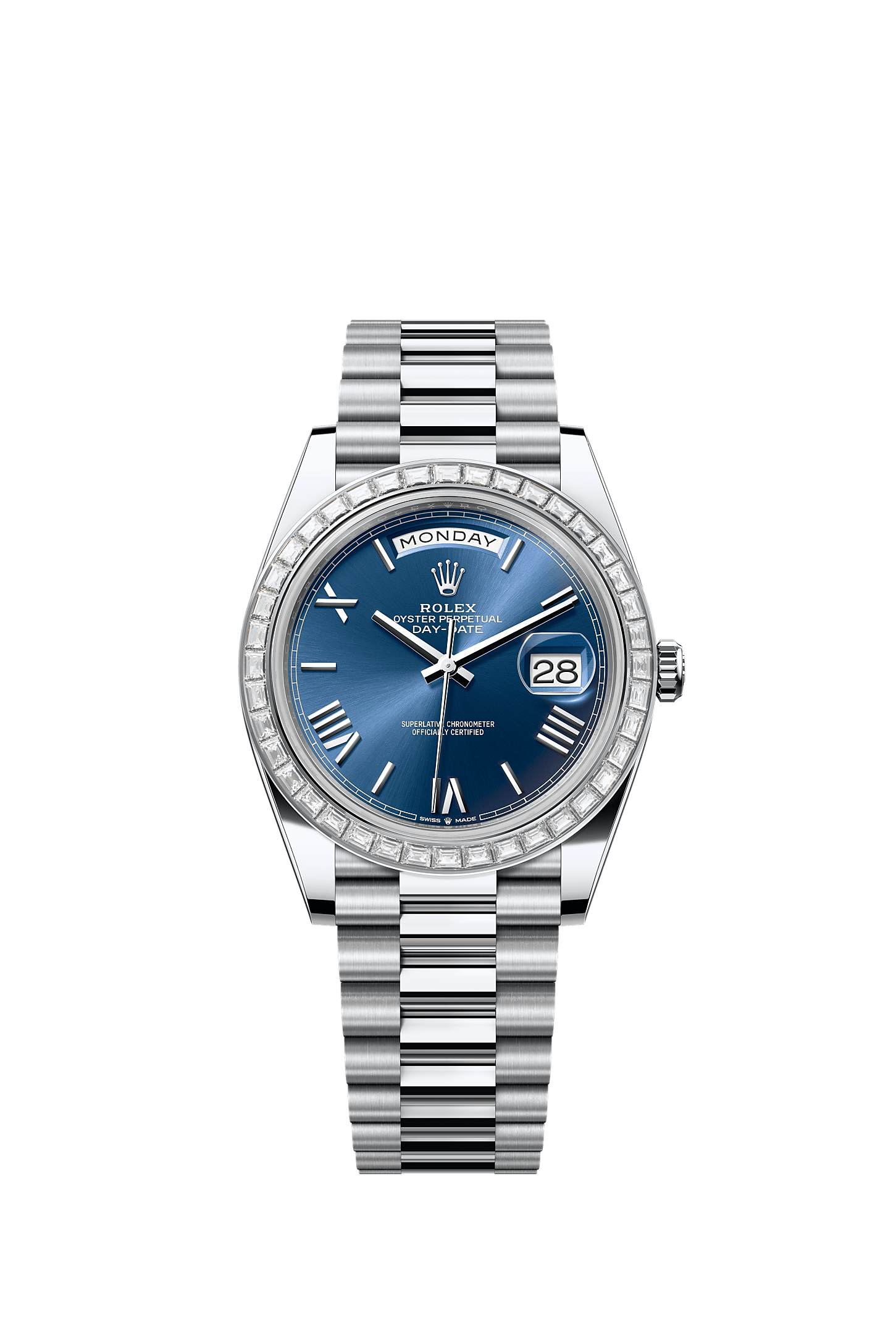 Day-Date 40, Oyster, 40 mm, platinum and diamonds, Dial : Bright blue, Rolex