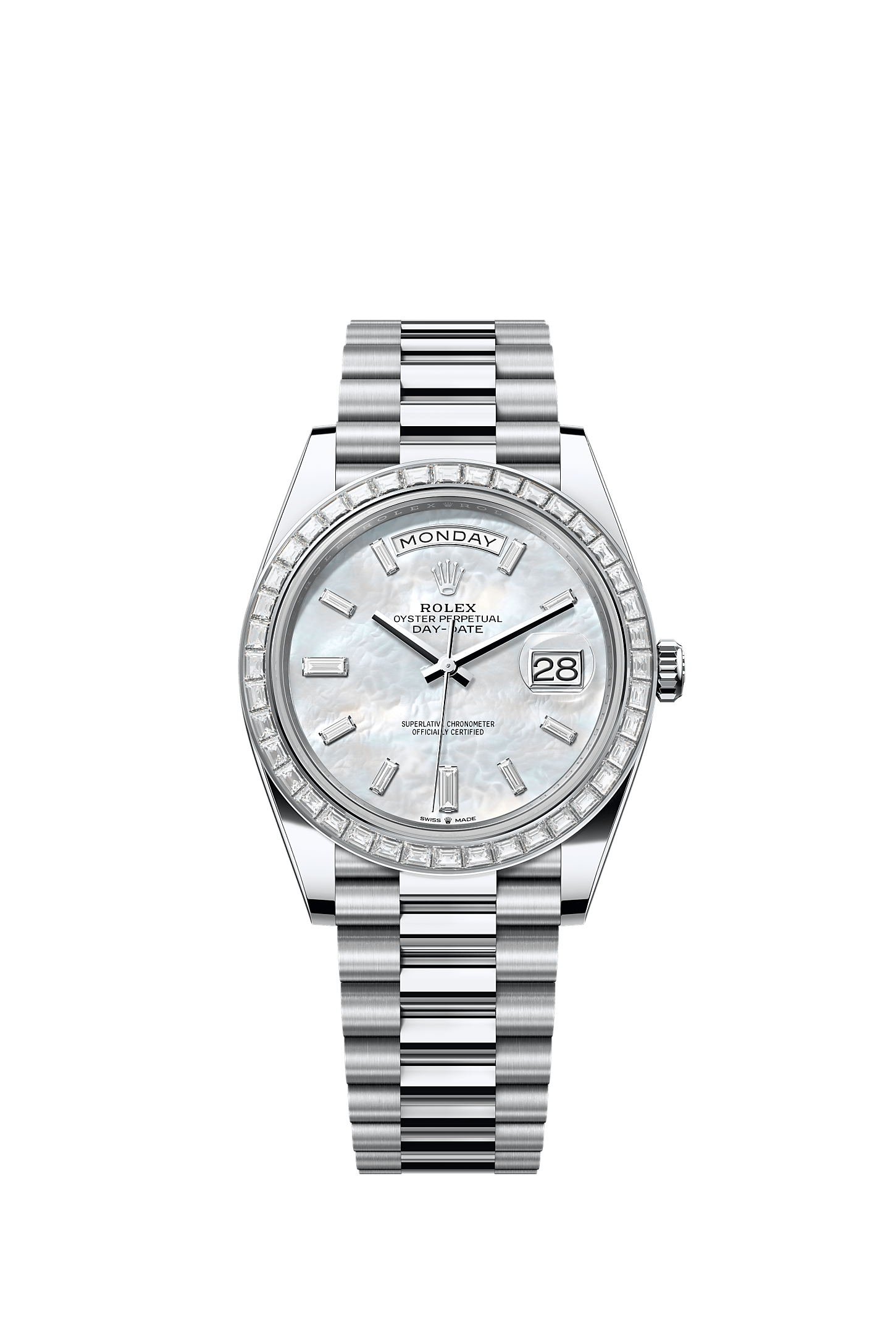 Day-Date 40, Oyster, 40 mm, platinum and diamonds, Dial : White mother-of-pearl set with diamonds, Rolex