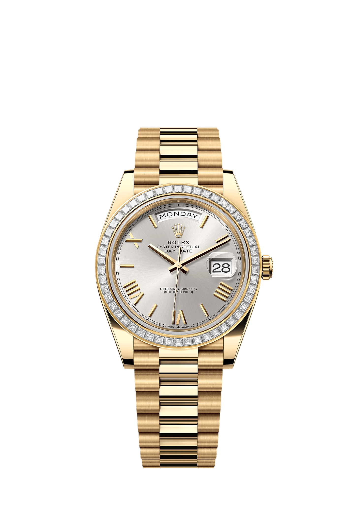 Day-Date 40, Oyster, 40 mm, yellow gold and diamonds, Dial : Silver, Rolex