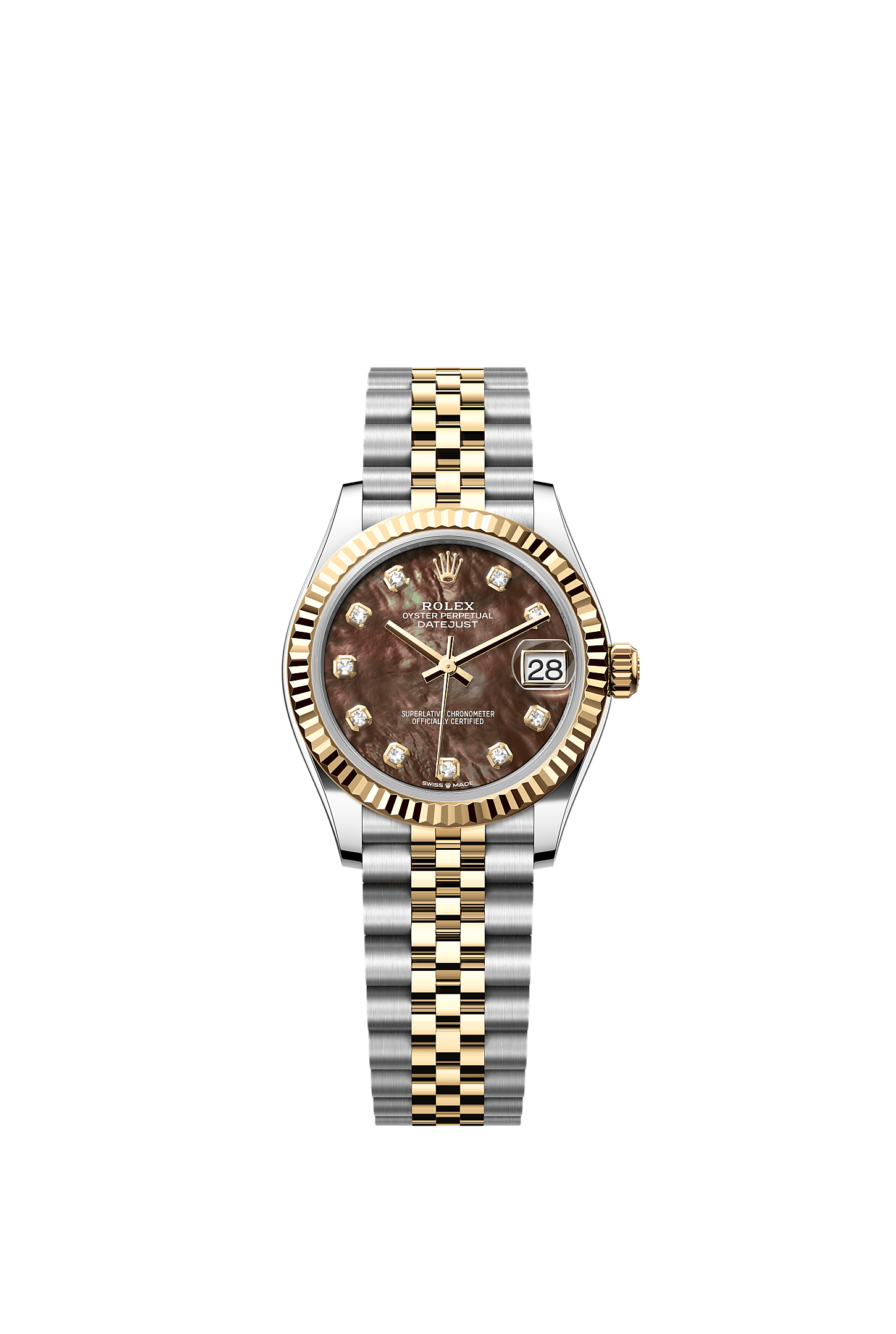 Datejust 31, Oyster, 31 mm, Oystersteel and yellow gold, Dial : Black mother-of-pearl set with diamonds, Rolex