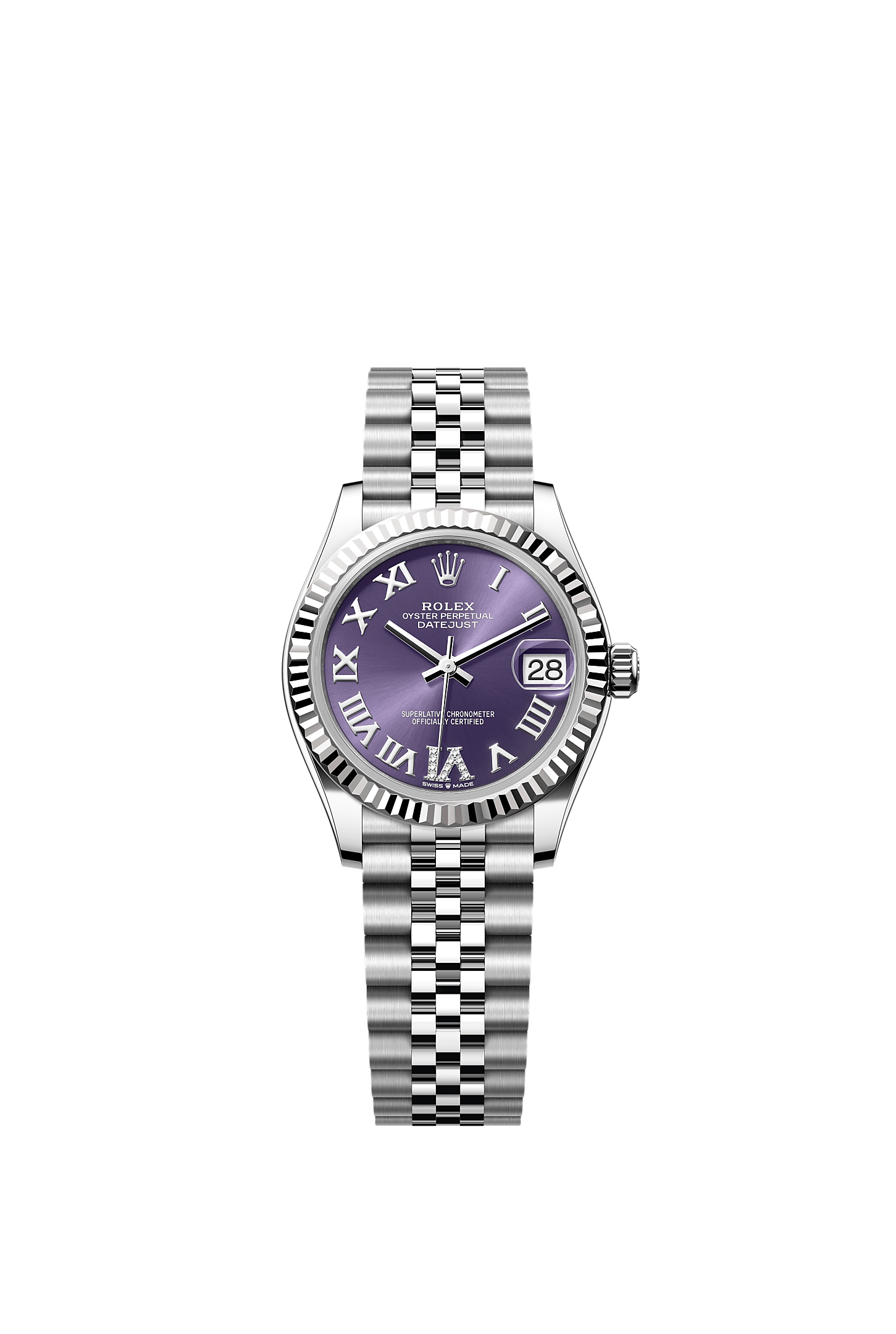 Datejust 31, Oyster, 31 mm, Oystersteel and white gold, Dial : Aubergine set with diamonds, Rolex