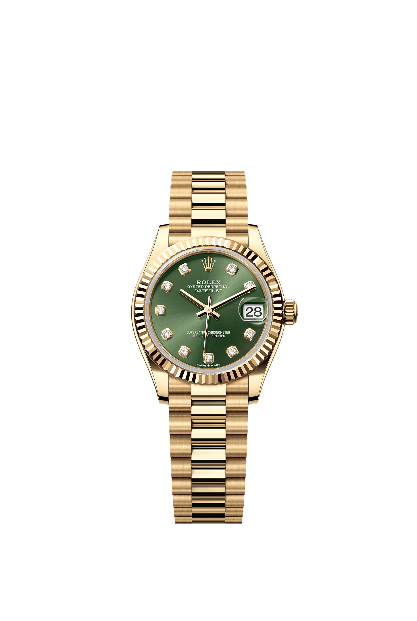 Datejust 31, Oyster, 31 mm, yellow gold, Dial : Olive green set with diamonds, Rolex