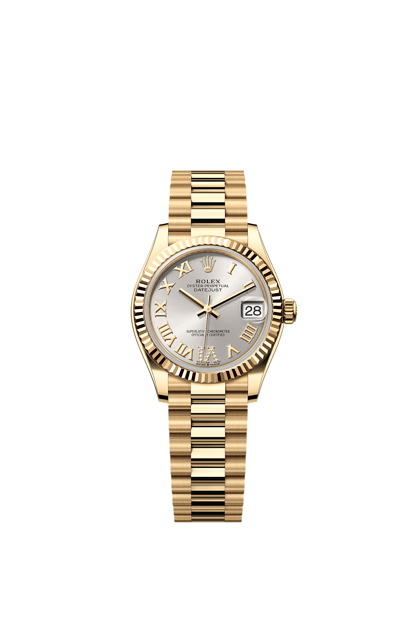 Datejust 31, Oyster, 31 mm, yellow gold, Dial : Silver set with diamonds, Rolex