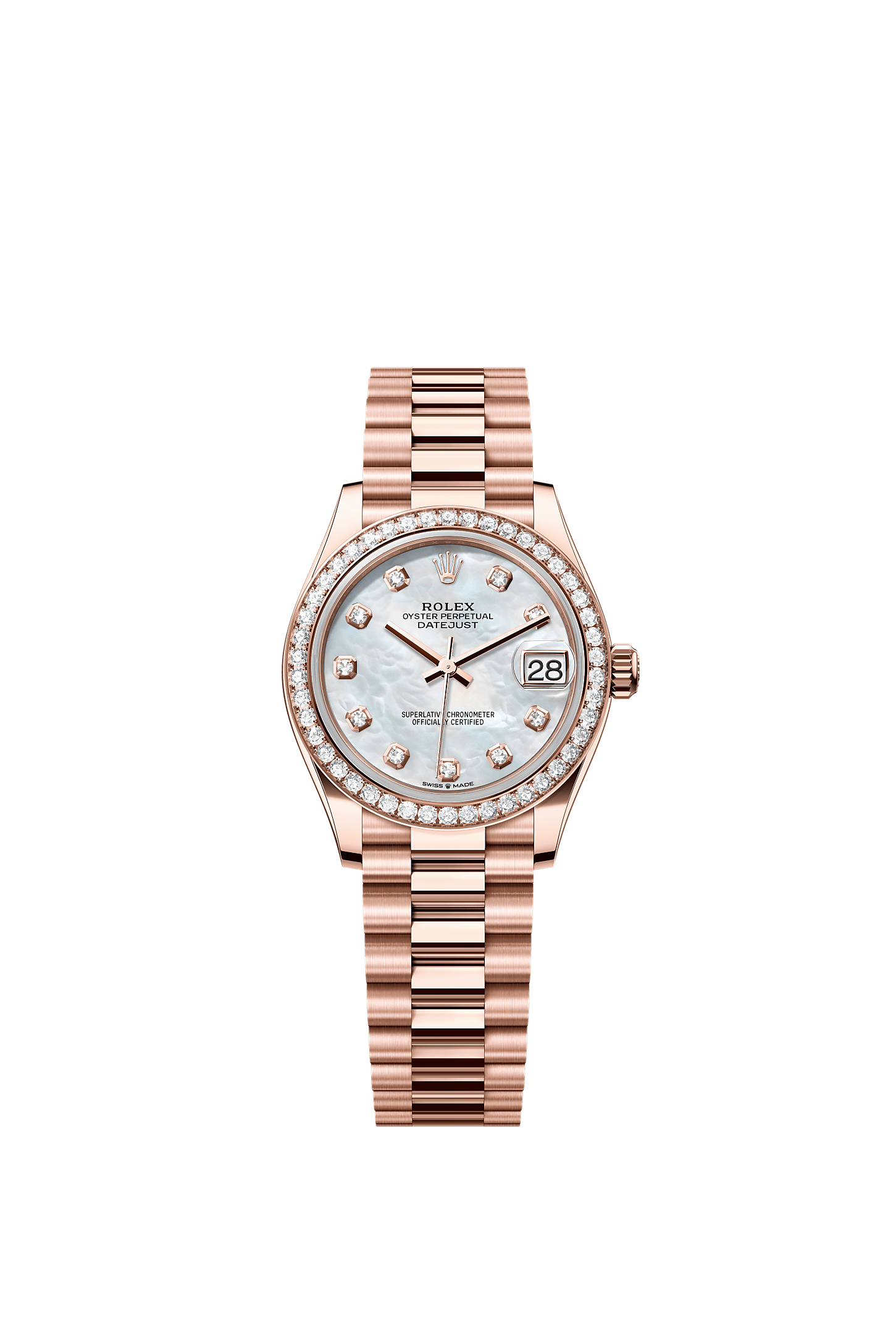 Datejust 31, Oyster, 31 mm, Everose gold and diamonds, Dial : White mother-of-pearl set with diamonds, Rolex