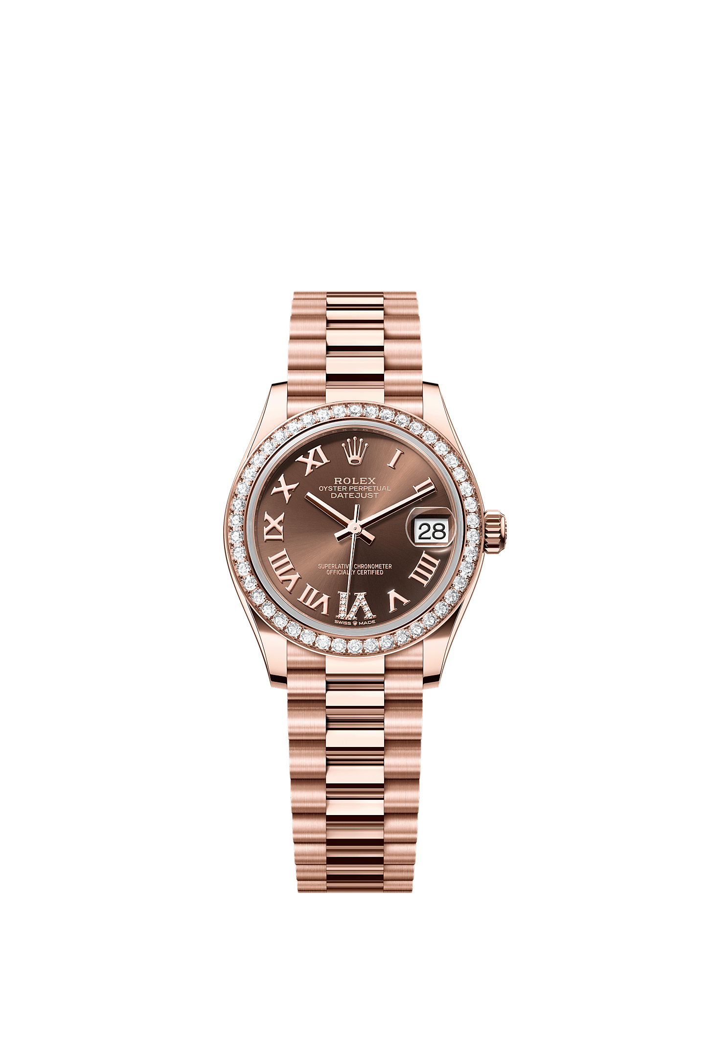 Datejust 31, Oyster, 31 mm, Everose gold and diamonds, Dial : Chocolate set with diamonds, Rolex