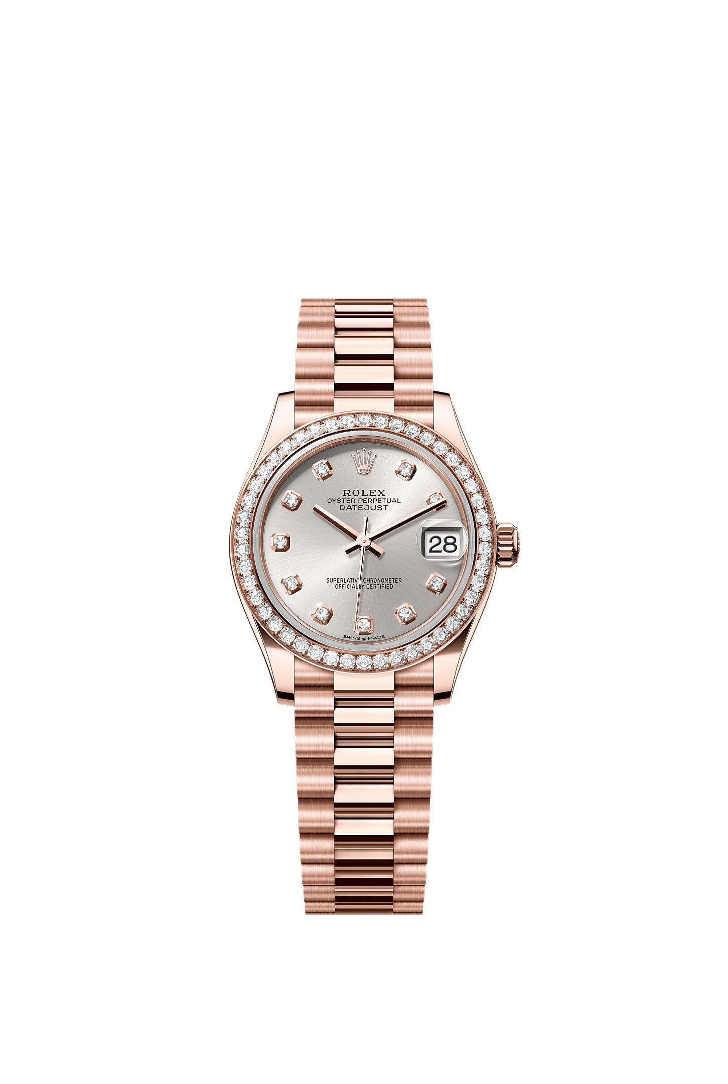 Datejust 31, Oyster, 31 mm, Everose gold and diamonds, Dial : Silver set with diamonds, Rolex