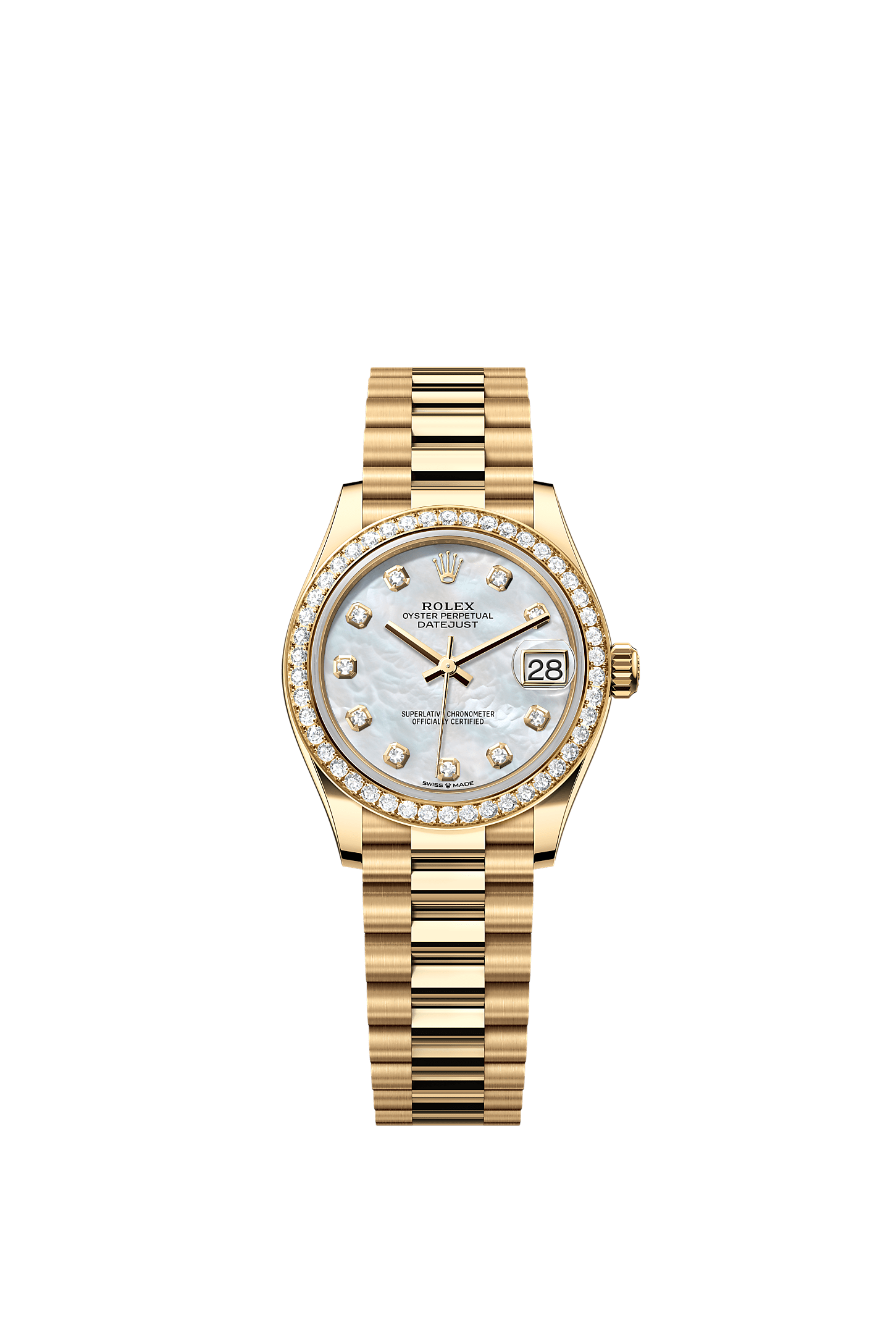 Datejust 31, Oyster, 31 mm, yellow gold and diamonds, Dial : White mother-of-pearl set with diamonds, Rolex