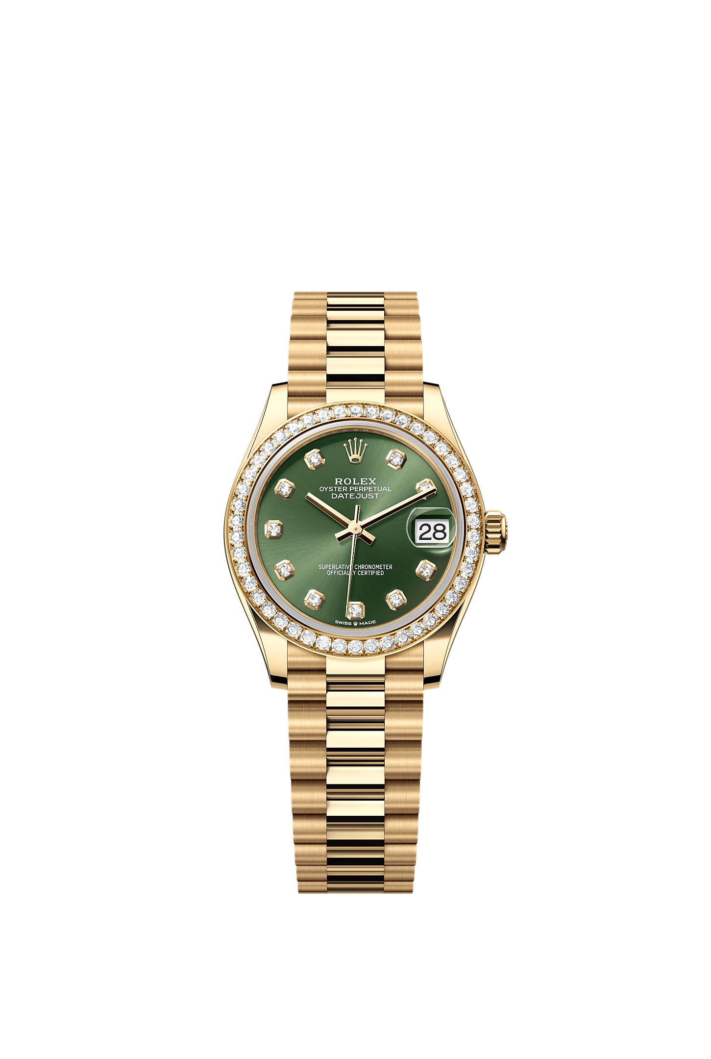 Datejust 31, Oyster, 31 mm, yellow gold and diamonds, Dial : Olive green set with diamonds, Rolex