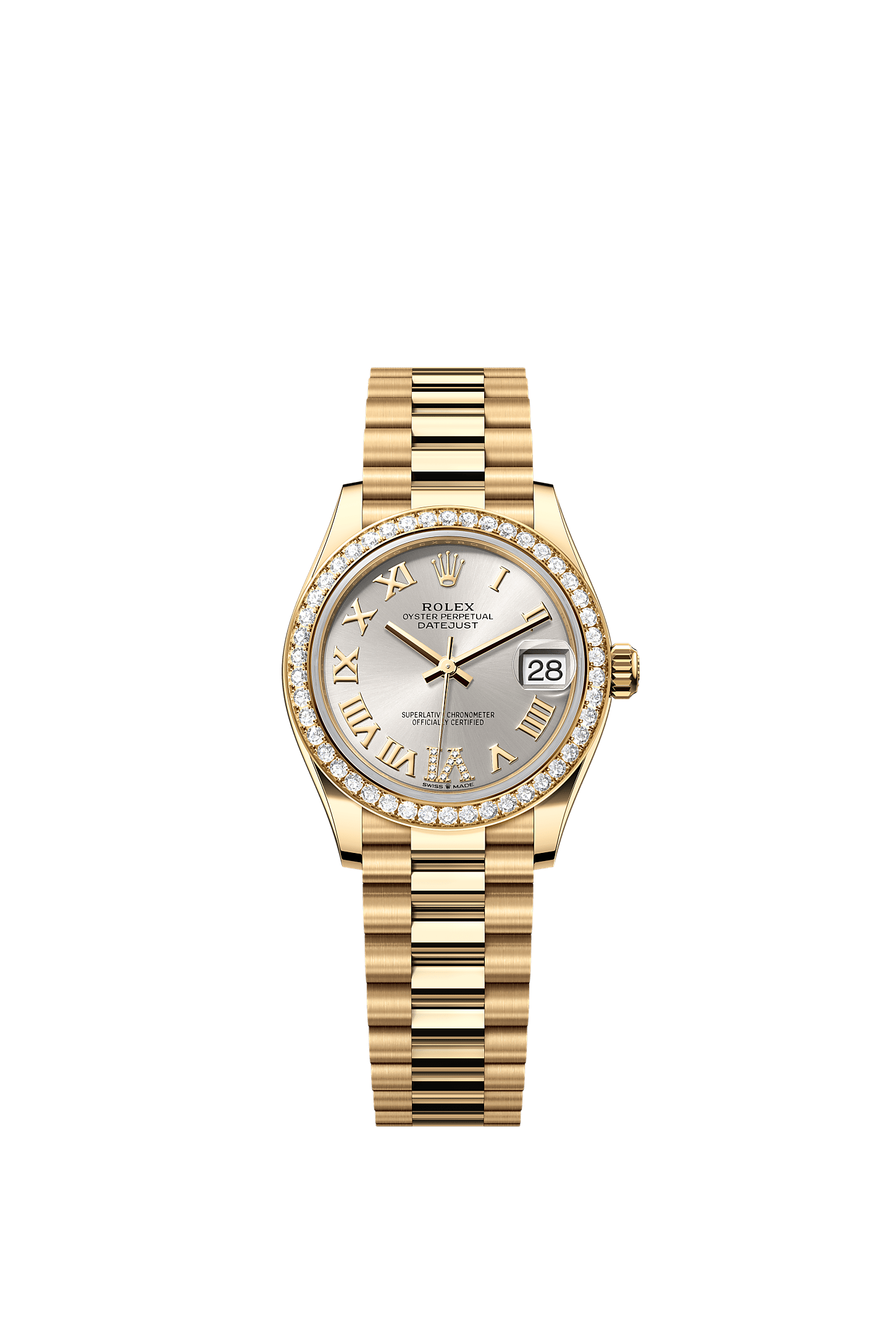 Datejust 31, Oyster, 31 mm, yellow gold and diamonds, Dial : Silver set with diamonds, Rolex