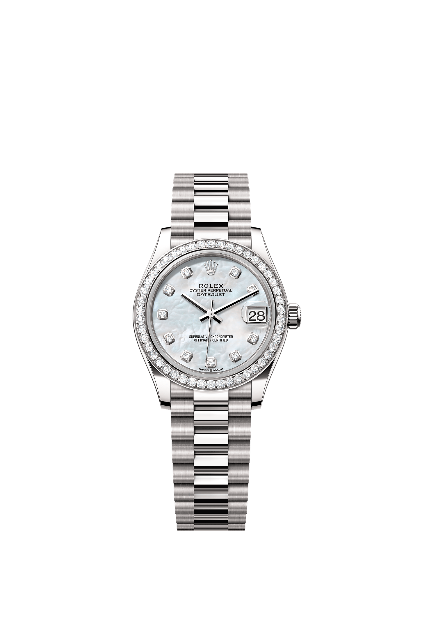 Datejust 31, Oyster, 31 mm, white gold and diamonds, Dial : White mother-of-pearl set with diamonds, Rolex