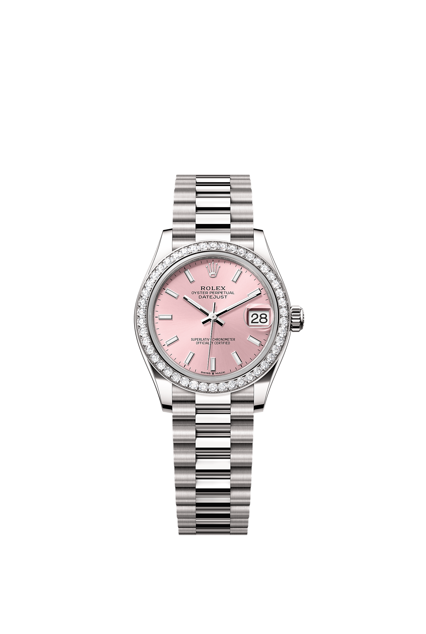 Datejust 31, Oyster, 31 mm, white gold and diamonds, Dial : Pink, Rolex