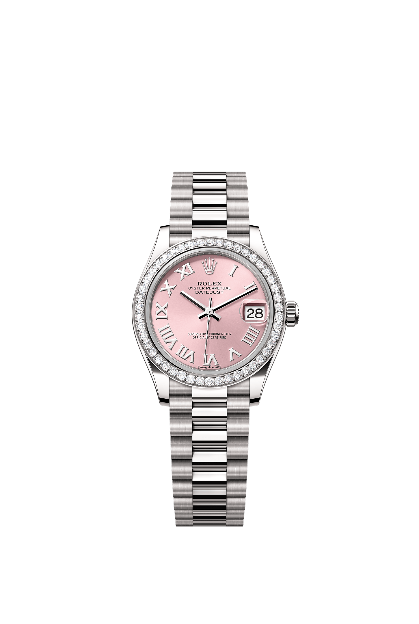 Datejust 31, Oyster, 31 mm, white gold and diamonds, Dial : Pink, Rolex