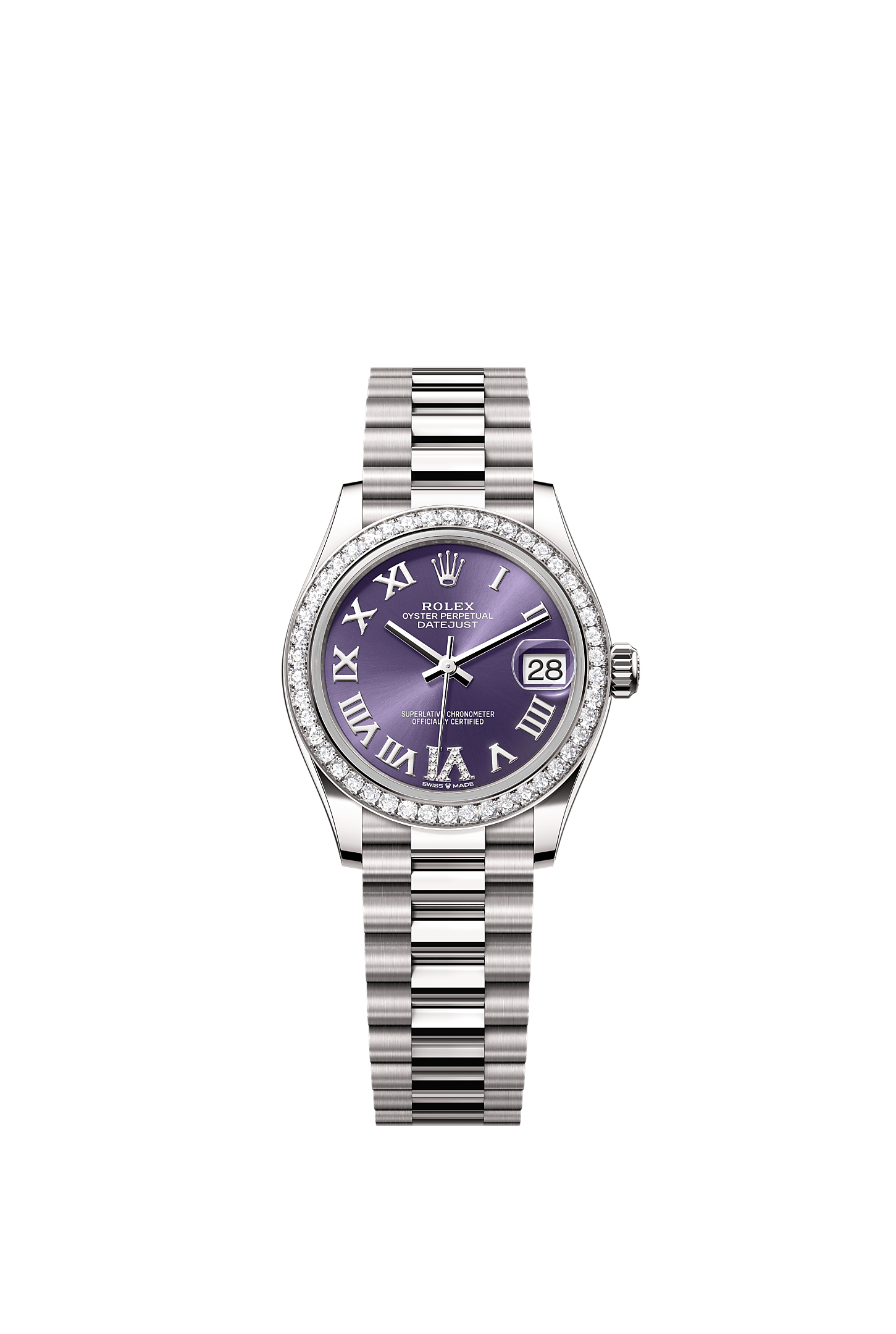 Datejust 31, Oyster, 31 mm, white gold and diamonds, Dial : Aubergine set with diamonds, Rolex