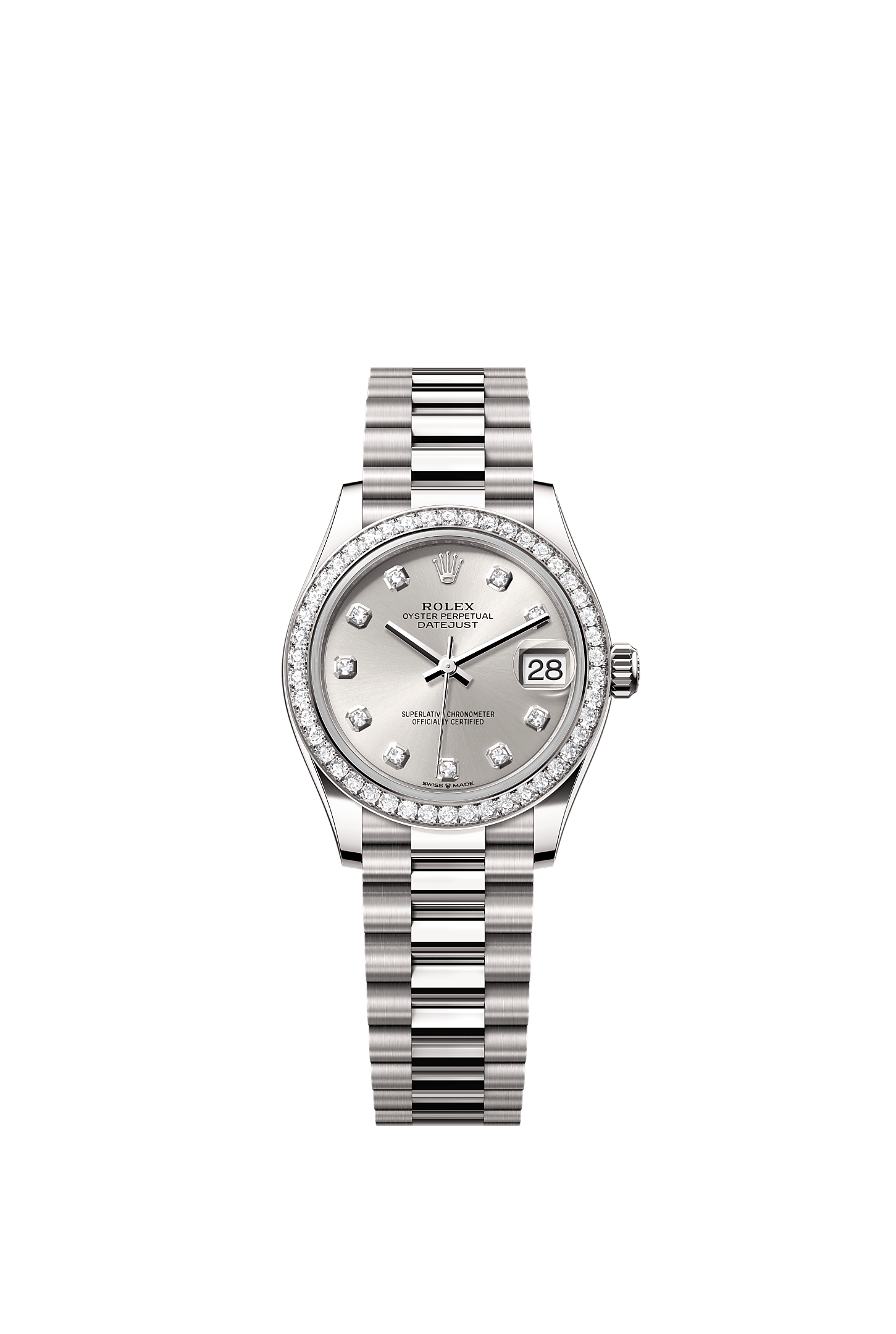 Datejust 31, Oyster, 31 mm, white gold and diamonds, Dial : Silver set with diamonds, Rolex