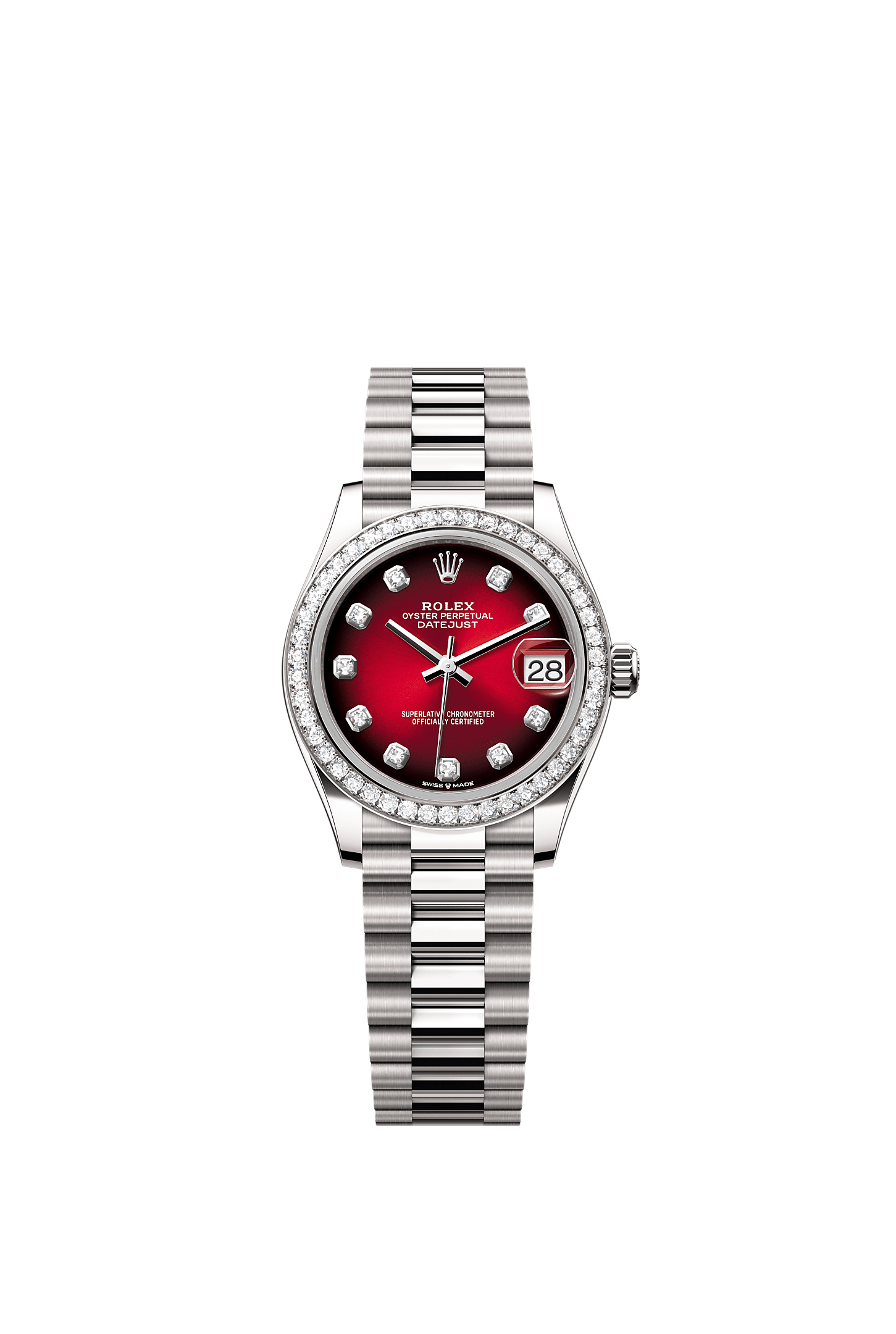 Datejust 31, Oyster, 31 mm, white gold and diamonds, Dial : Red ombré set with diamonds, Rolex