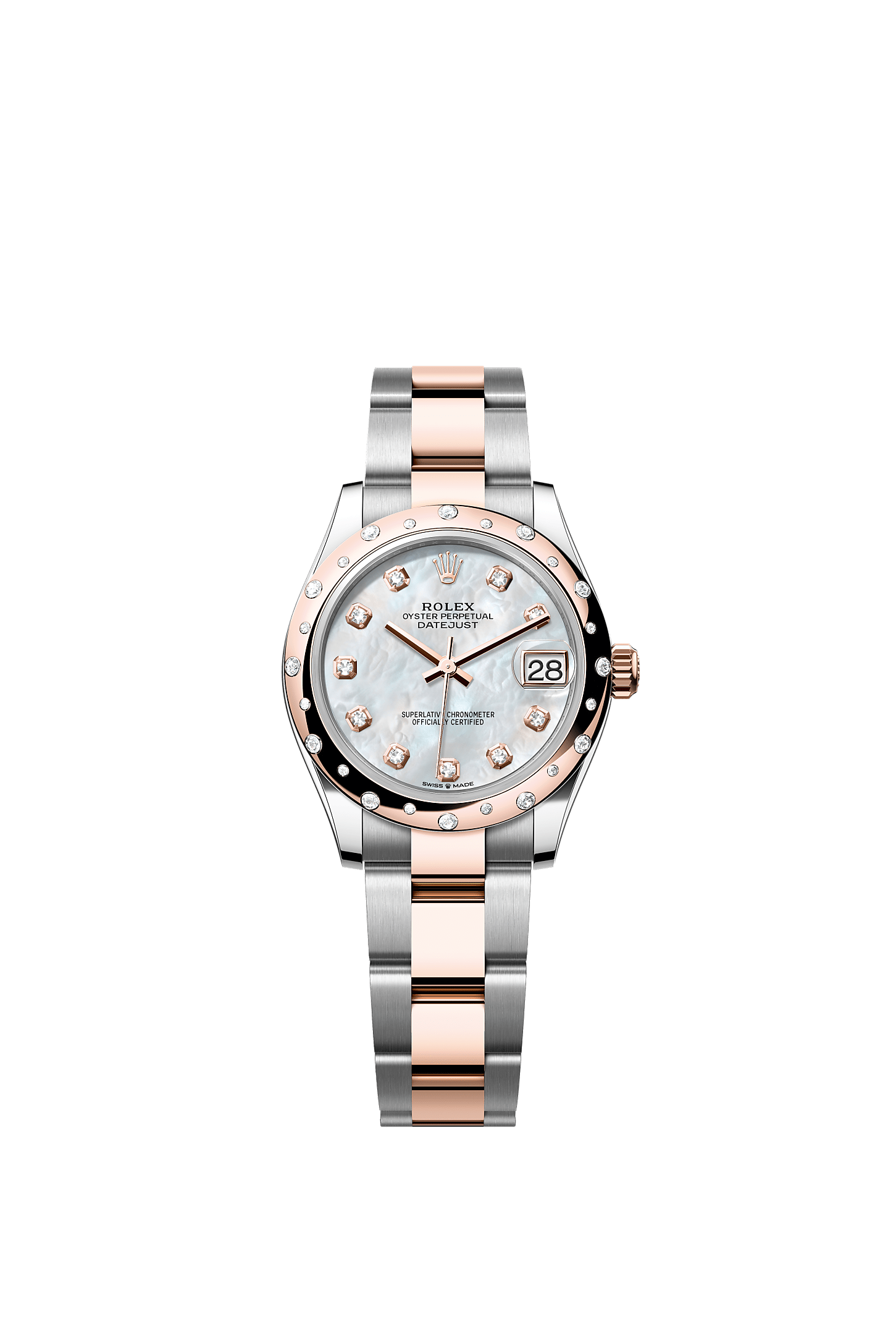 Datejust 31, Oyster, 31 mm, Oystersteel, Everose gold and diamonds, Dial : White mother-of-pearl set with diamonds, Rolex