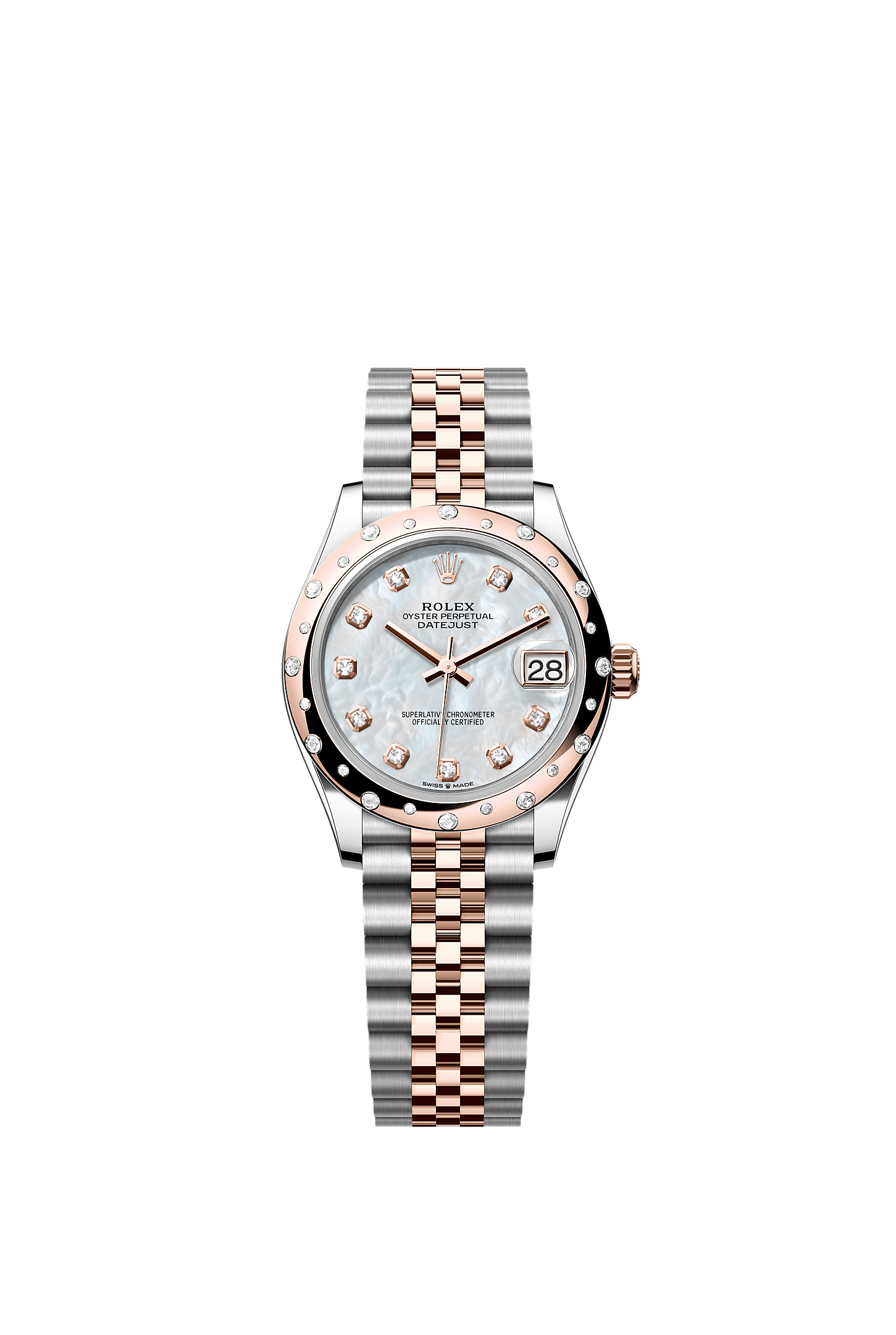 Datejust 31, Oyster, 31 mm, Oystersteel, Everose gold and diamonds, Dial : White mother-of-pearl set with diamonds, Rolex