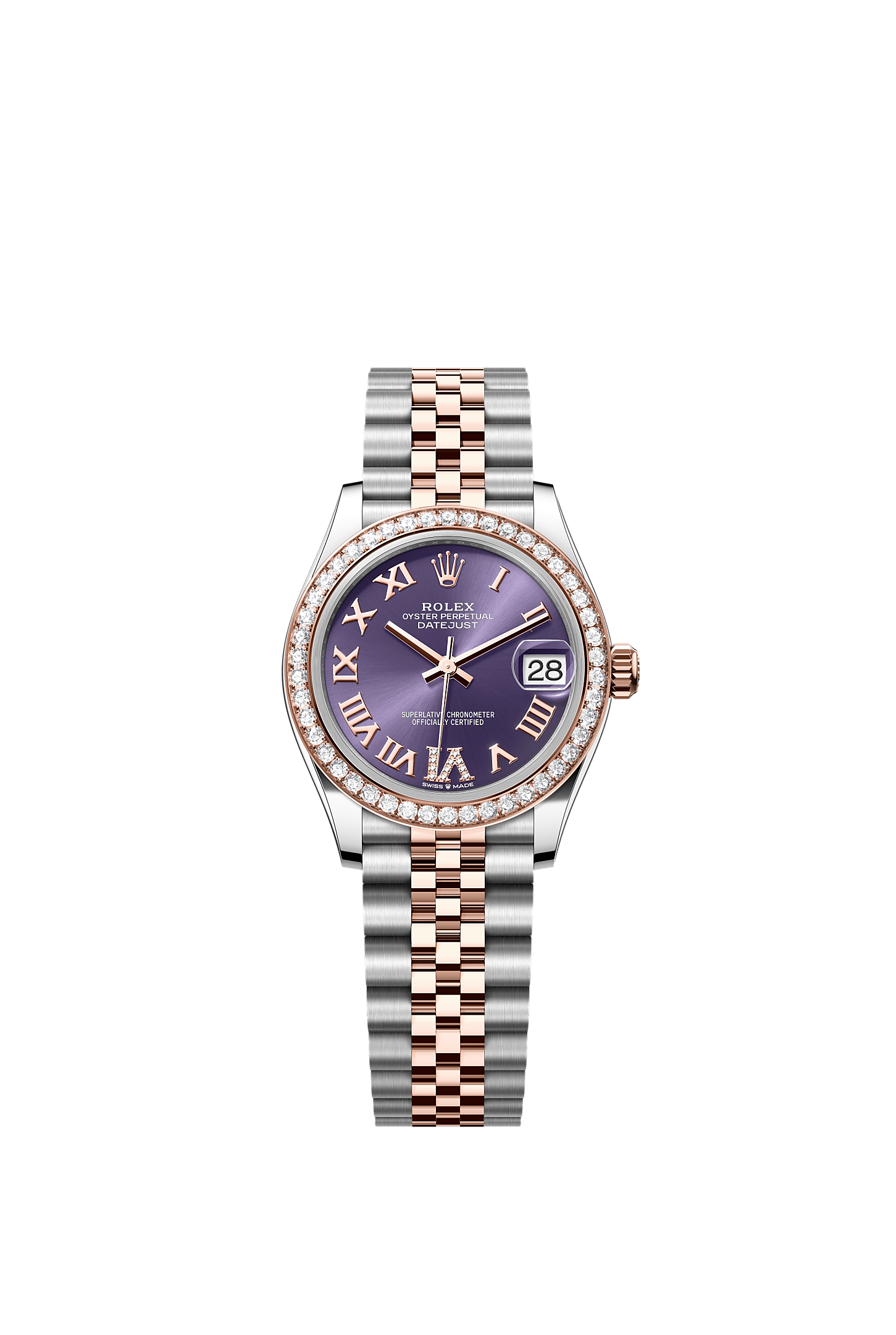 Datejust 31, Oyster, 31 mm, Oystersteel, Everose gold and diamonds, Dial : Aubergine set with diamonds, Rolex