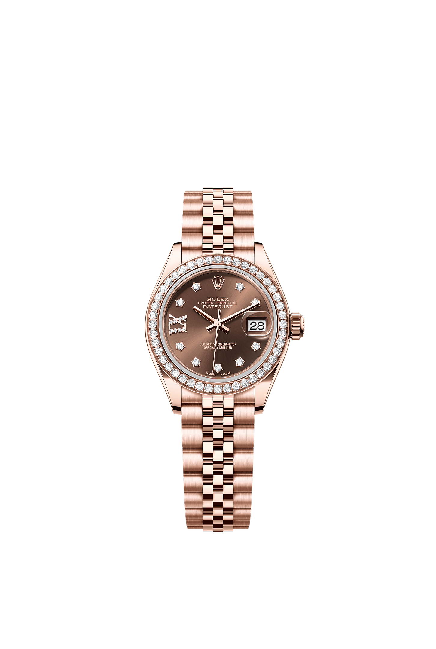 Lady-Datejust, Oyster, 28 mm, Everose gold and diamonds, Dial : Chocolate set with diamonds, Rolex
