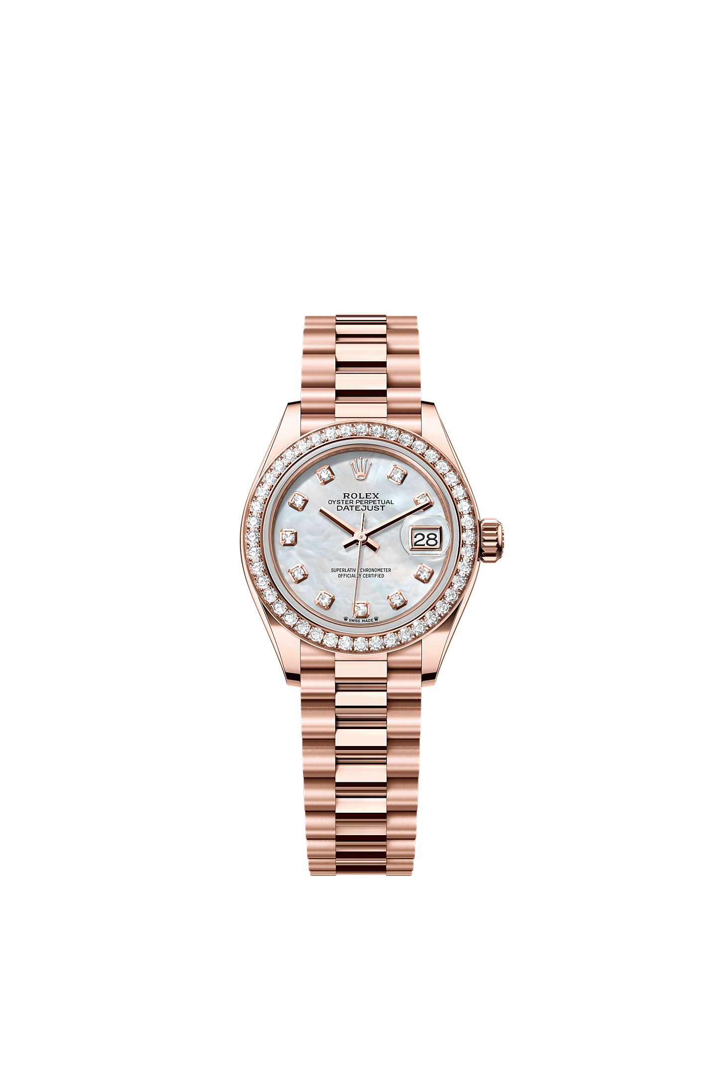 Lady-Datejust, Oyster, 28 mm, Everose gold and diamonds, Dial : White mother-of-pearl set with diamonds, Rolex
