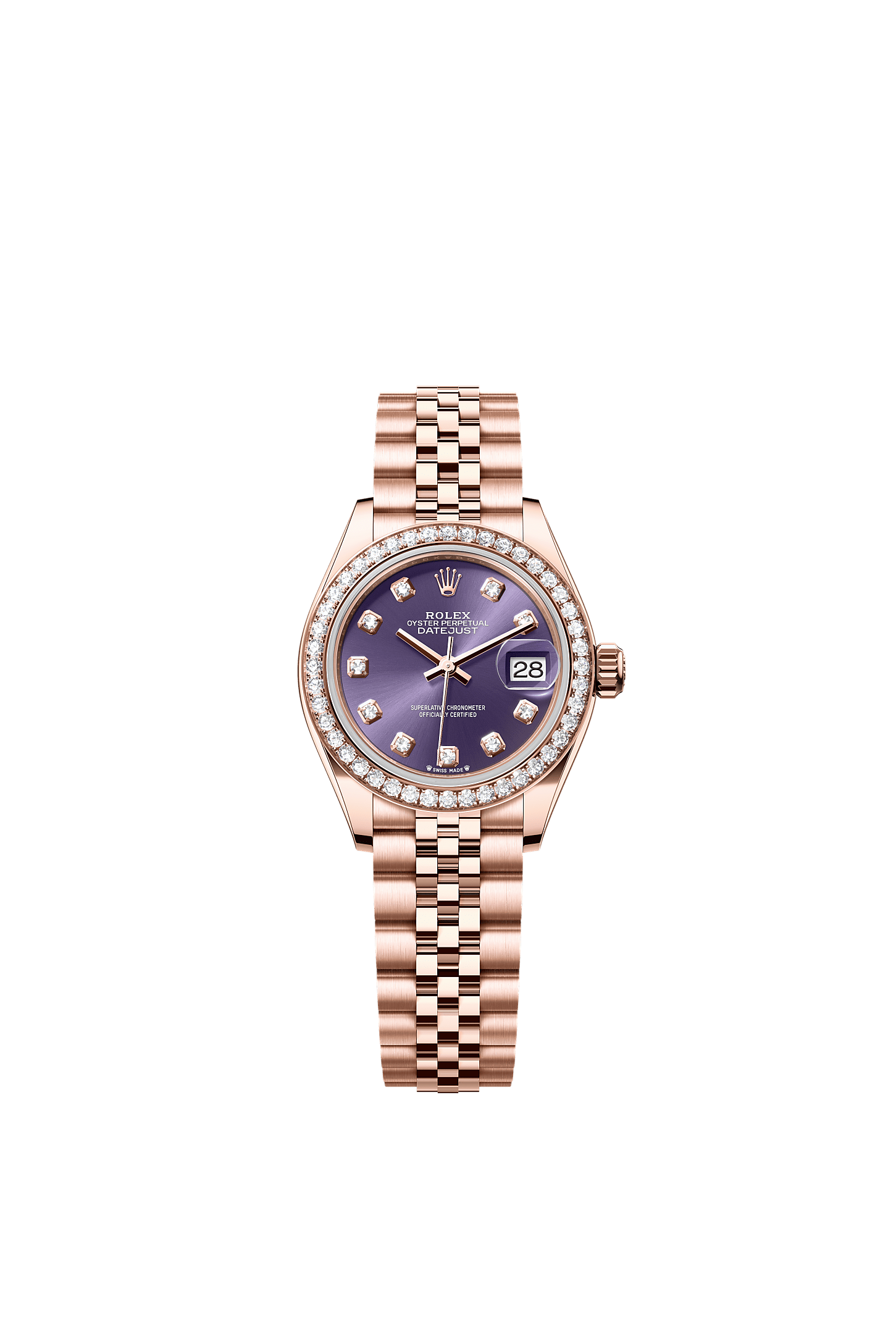 Lady-Datejust, Oyster, 28 mm, Everose gold and diamonds, Dial : Aubergine set with diamonds, Rolex