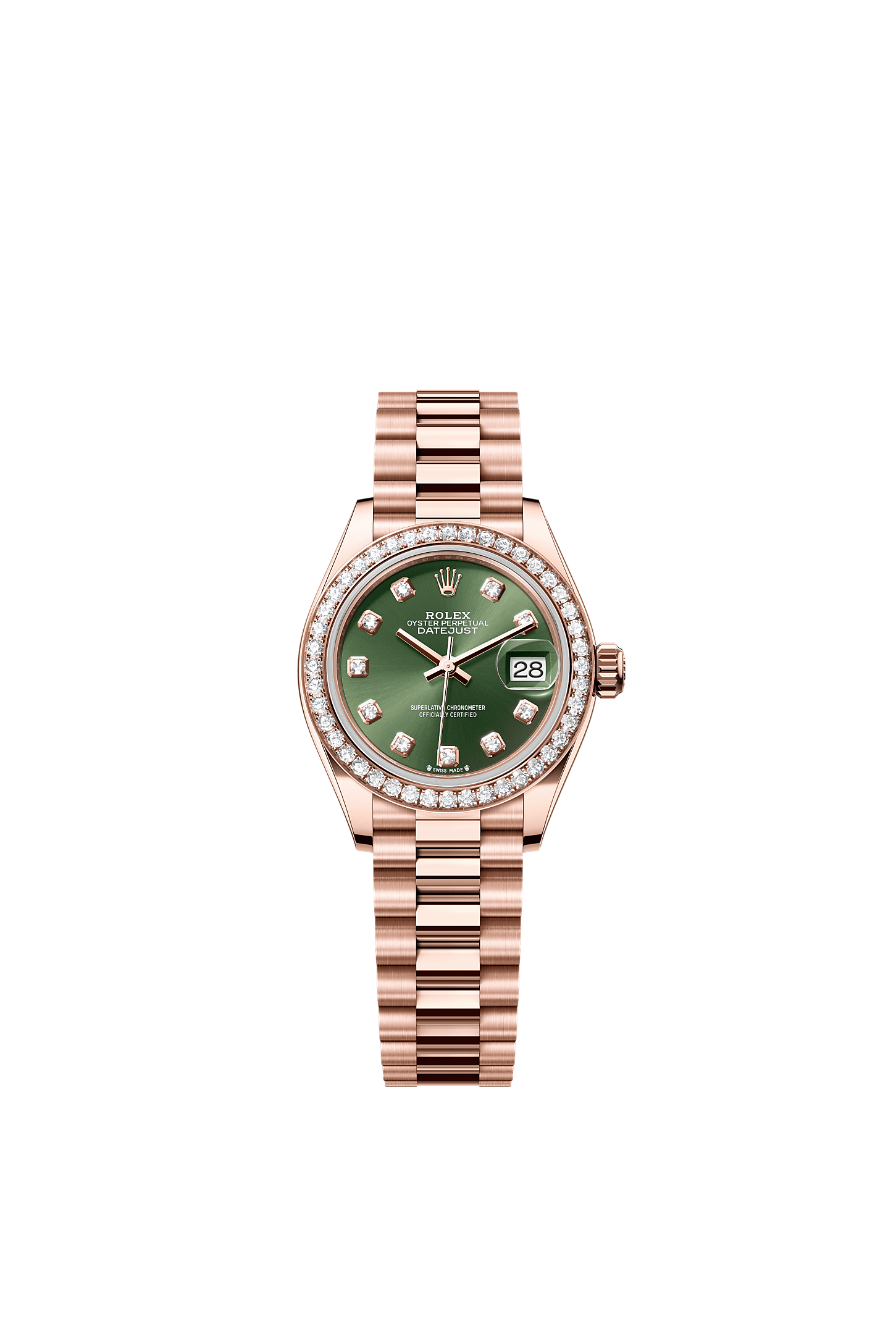 Lady-Datejust, Oyster, 28 mm, Everose gold and diamonds, Dial : Olive green set with diamonds, Rolex