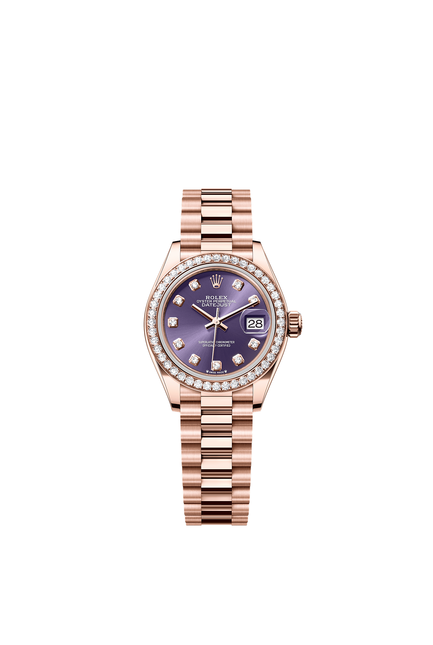 Lady-Datejust, Oyster, 28 mm, Everose gold and diamonds, Dial : Aubergine set with diamonds, Rolex