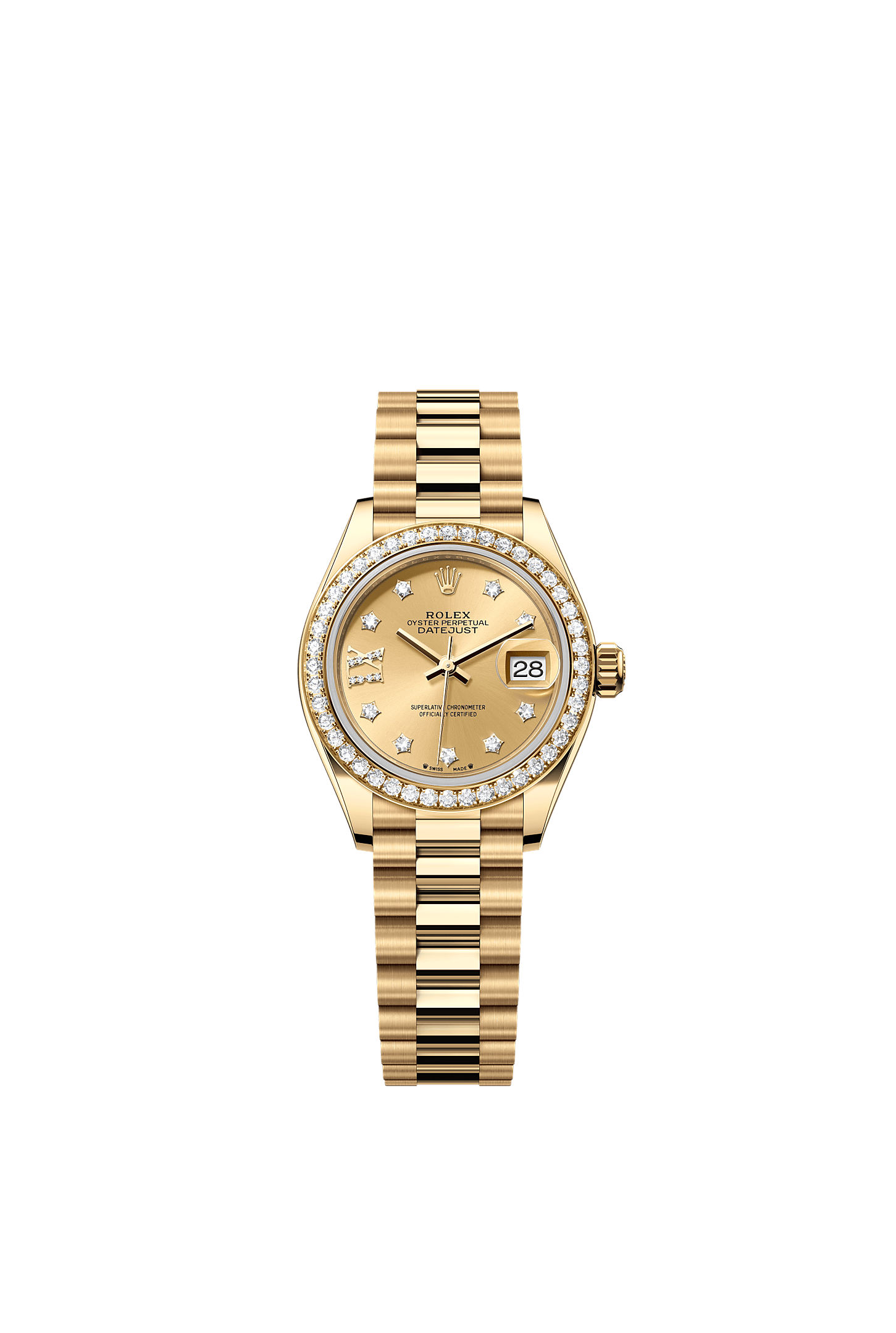 Lady-Datejust, Oyster, 28 mm, yellow gold and diamonds, Dial : Champagne-colour set with diamonds, Rolex