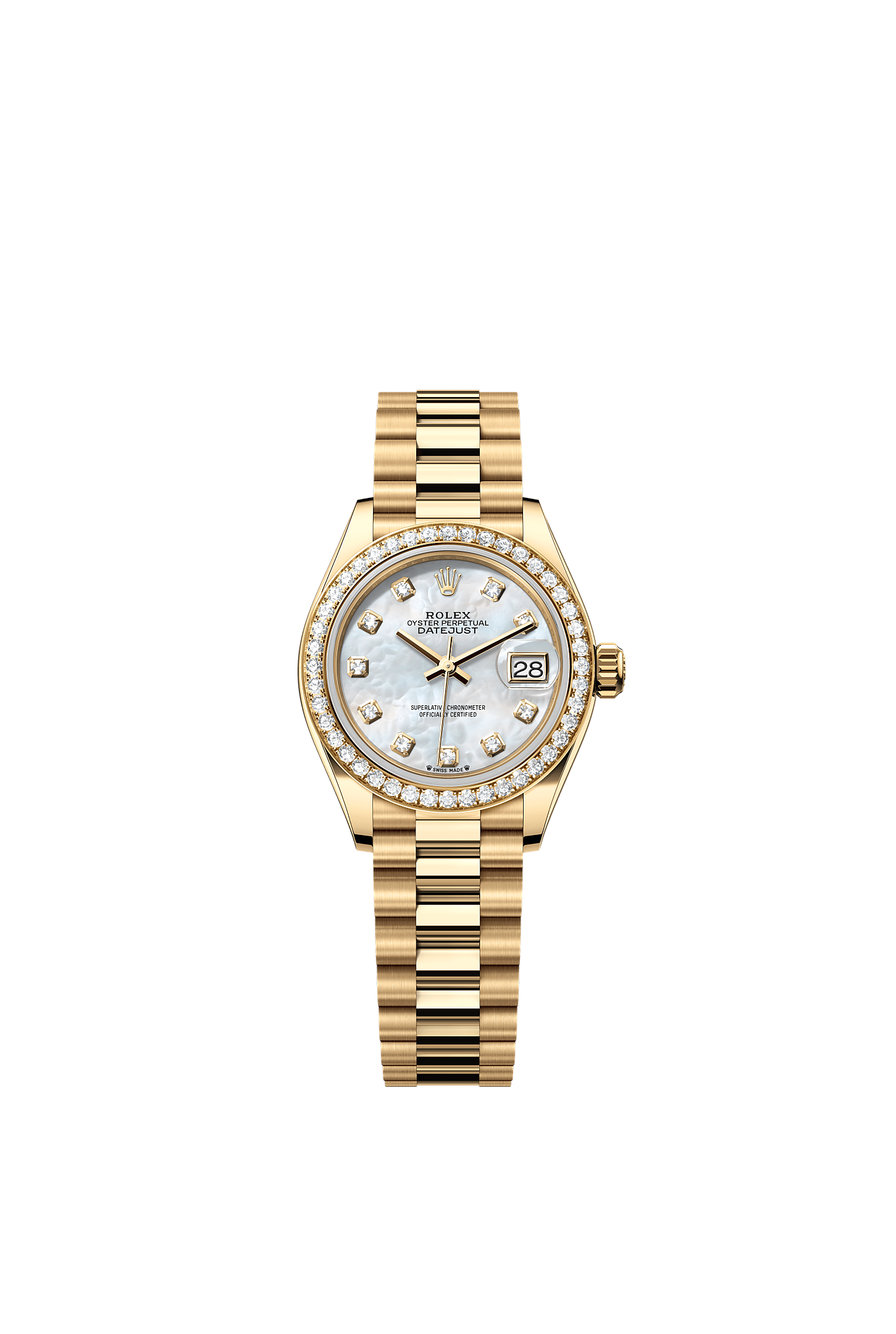 Lady-Datejust, Oyster, 28 mm, yellow gold and diamonds, Dial : White mother-of-pearl set with diamonds, Rolex