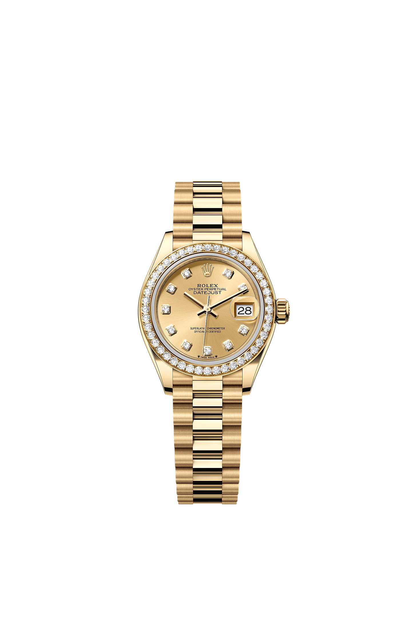 Lady-Datejust, Oyster, 28 mm, yellow gold and diamonds, Dial : Champagne-colour set with diamonds, Rolex